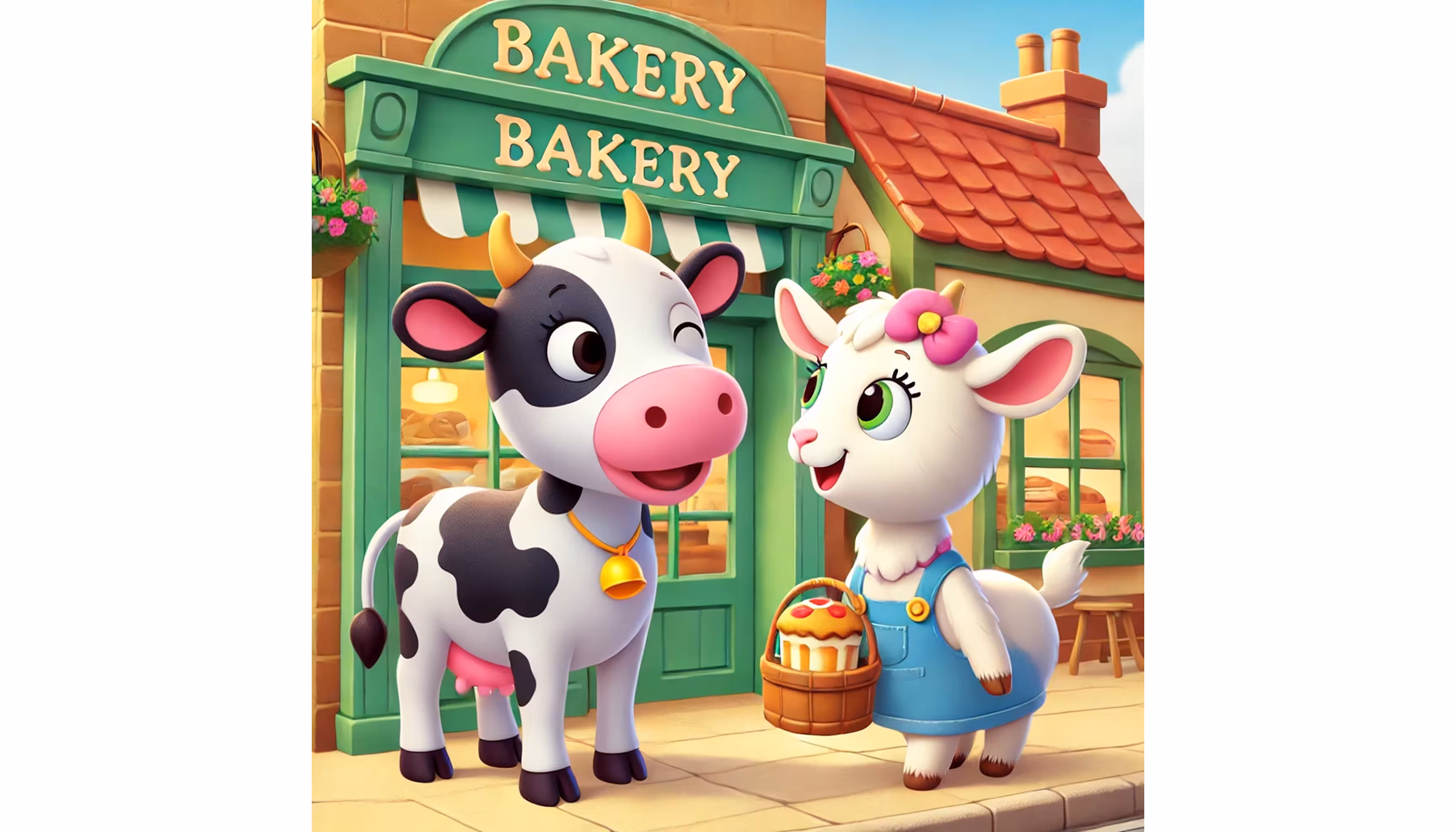 "A cow and a goat walking through the village past the bakery and the library toward a clothing store."