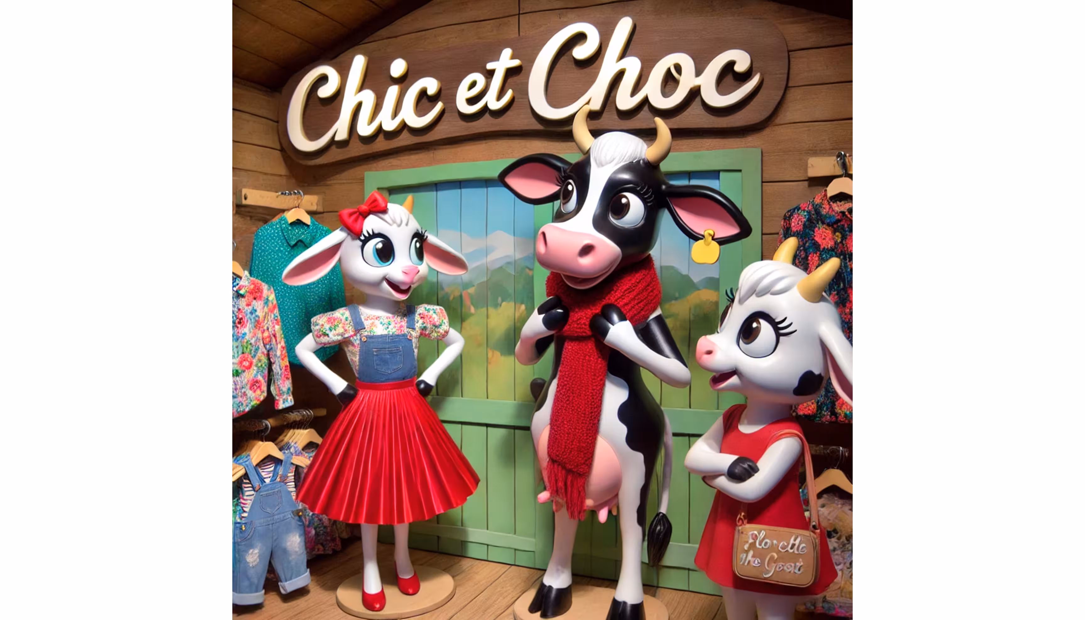"An elegant hen saleswoman with a feathered hat serving the cow in the clothing store."