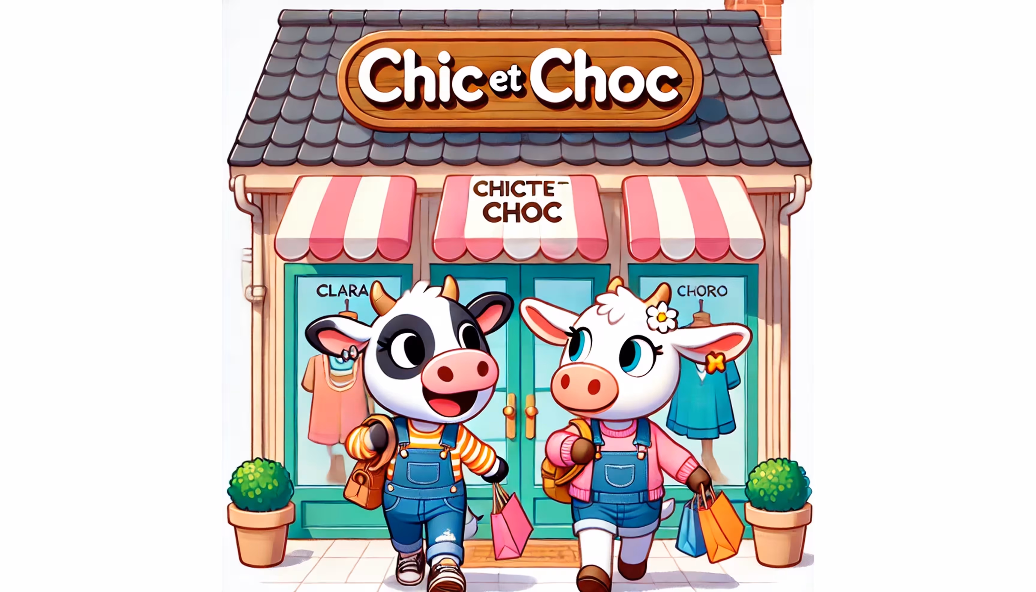 "A cow trying on a purple sweater, a blue polka-dot dress and a red scarf while the goat laughs."