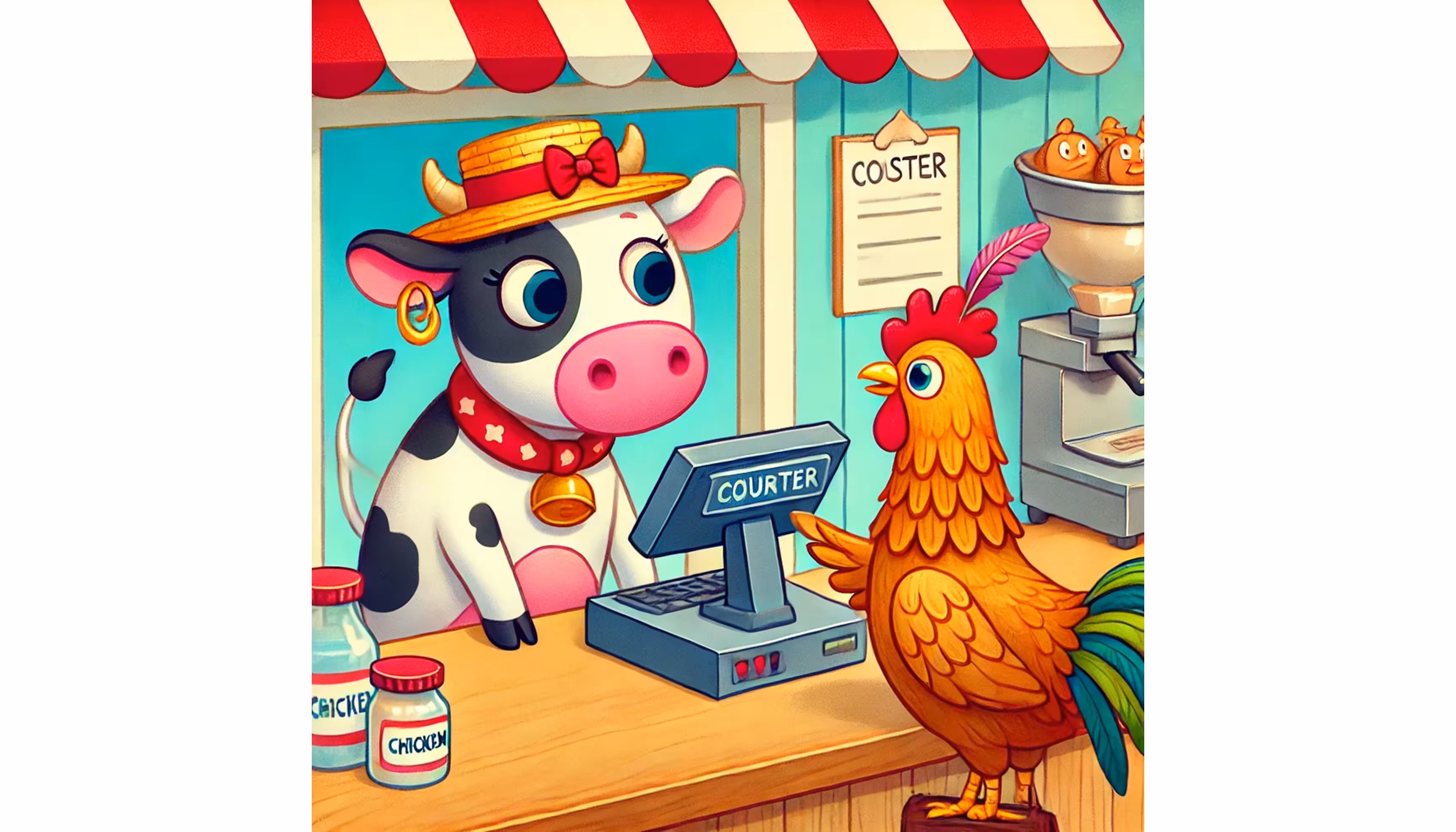 "A cow and a goat enjoying ice cream on a café terrace with their shopping bags."