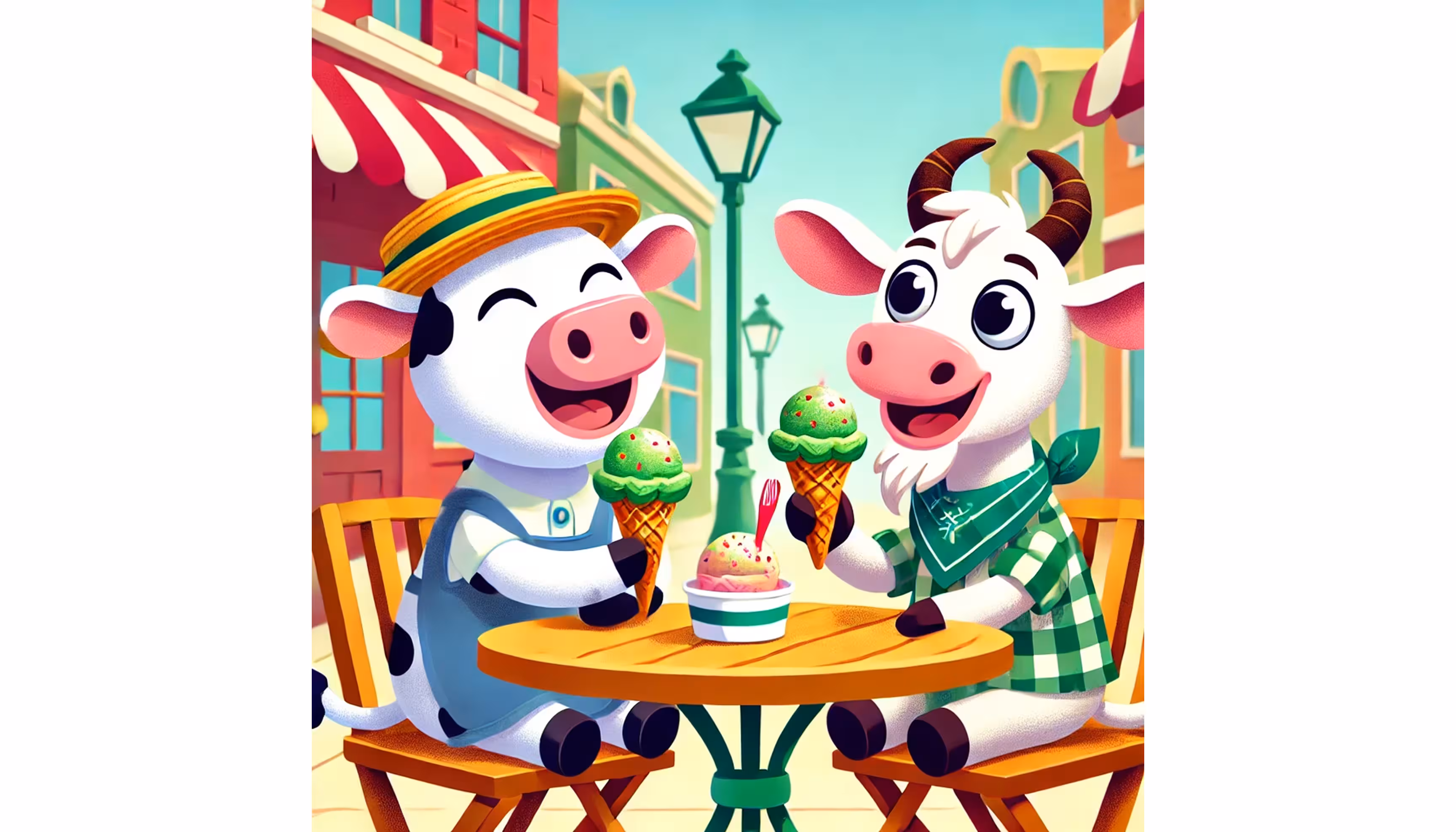 "A fashionable cow in her new blouse and scarf admired by her friends in the meadow."