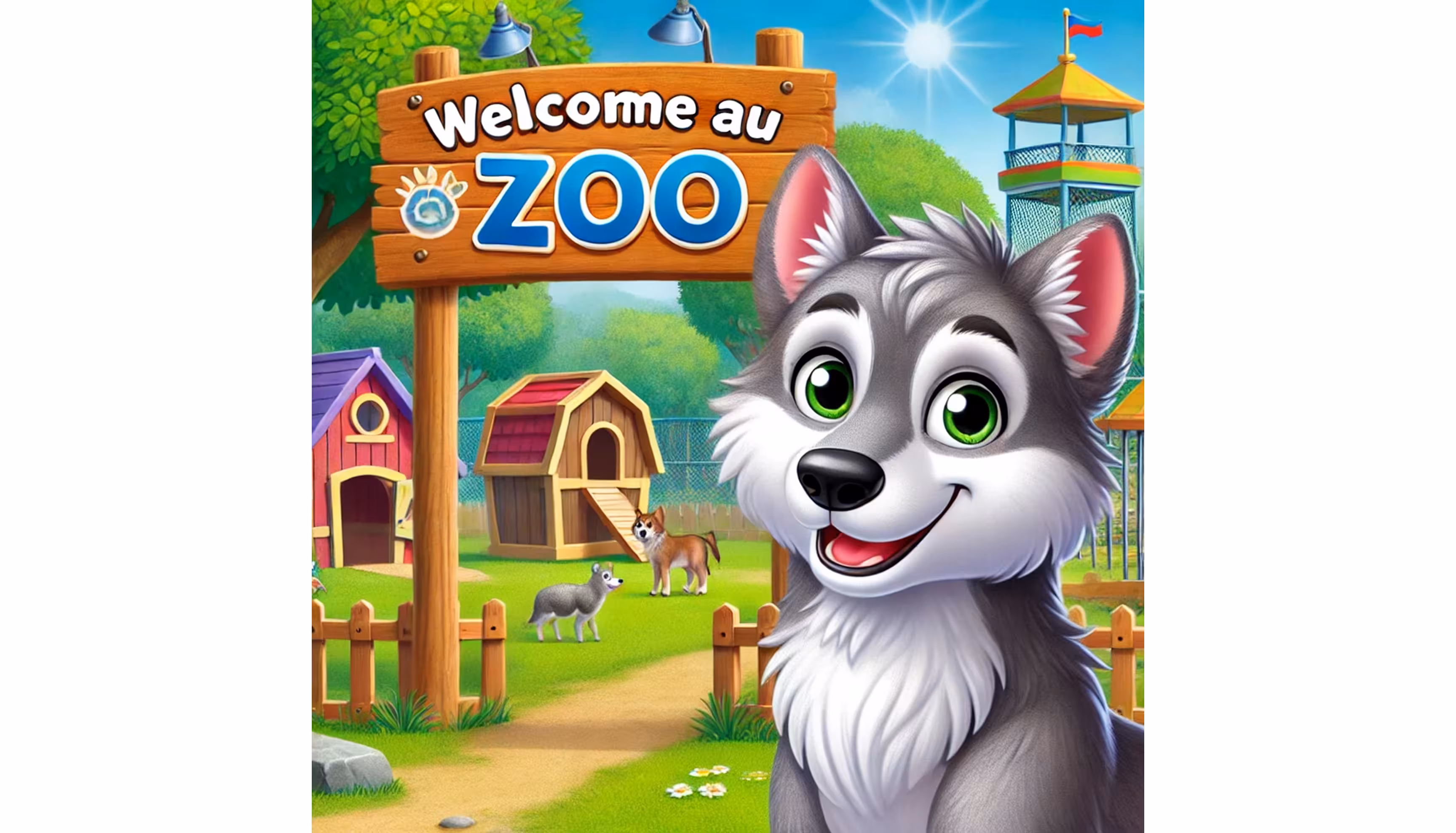"A gray wolf walking peacefully along the enclosures of a zoo in the morning."