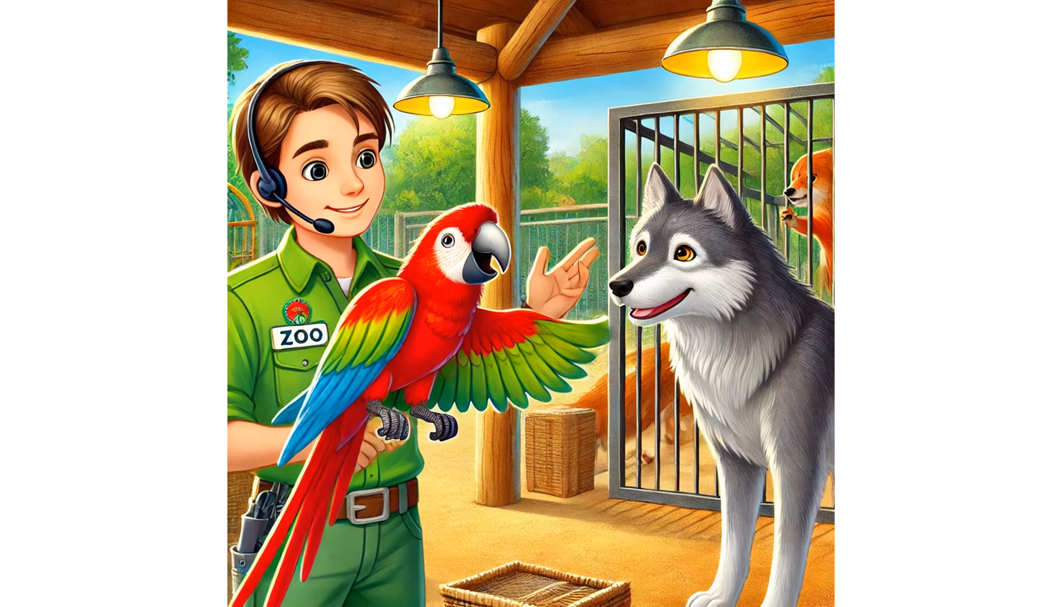 "A red and green parrot flapping its wings while telling a zookeeper that the jaguar has disappeared."