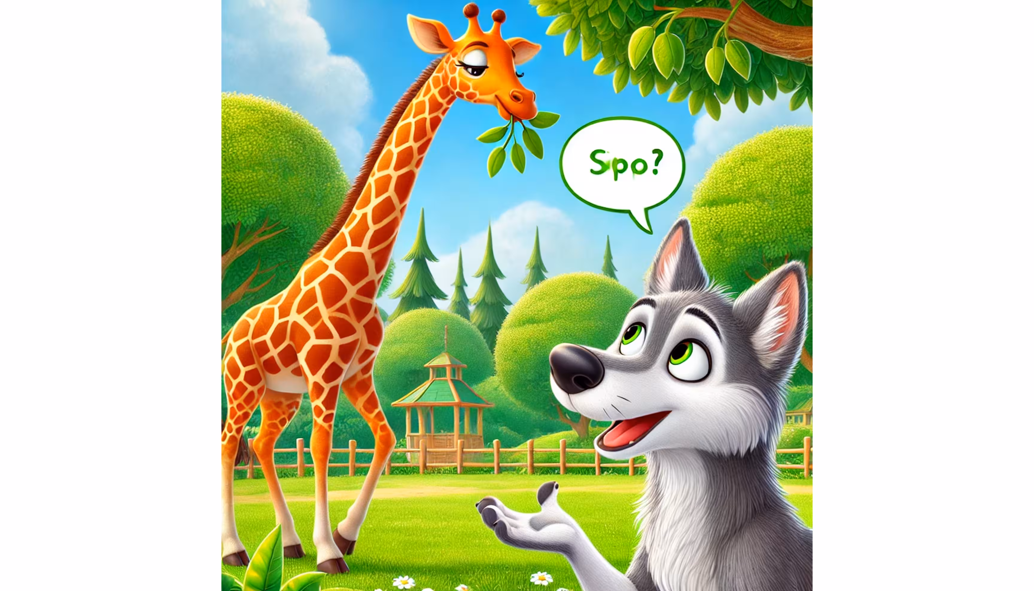 "A gray wolf questioning a giraffe that is eating leaves from a tall tree."