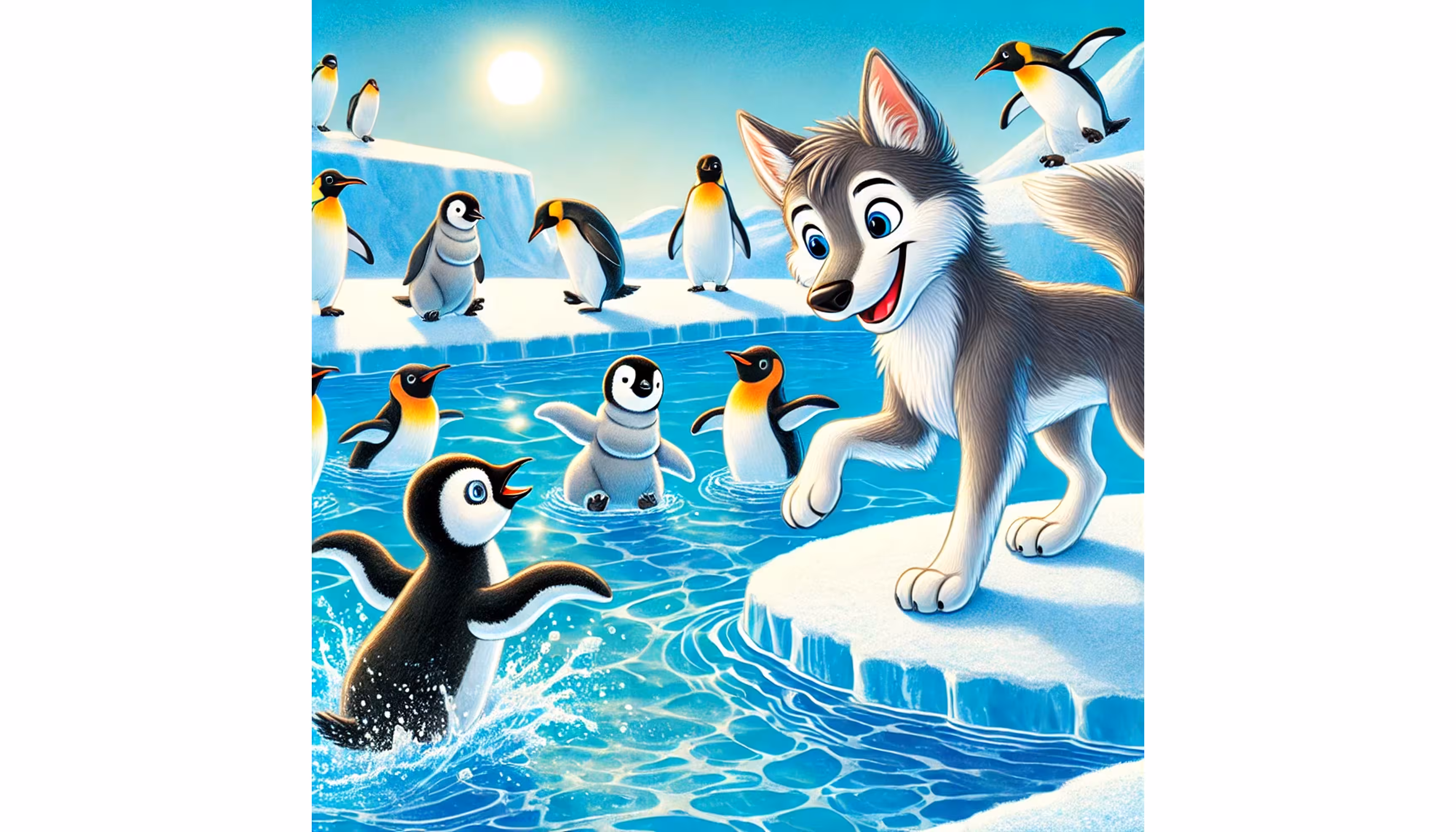 "Penguins sliding on the ice and diving into their pond while the wolf questions them."