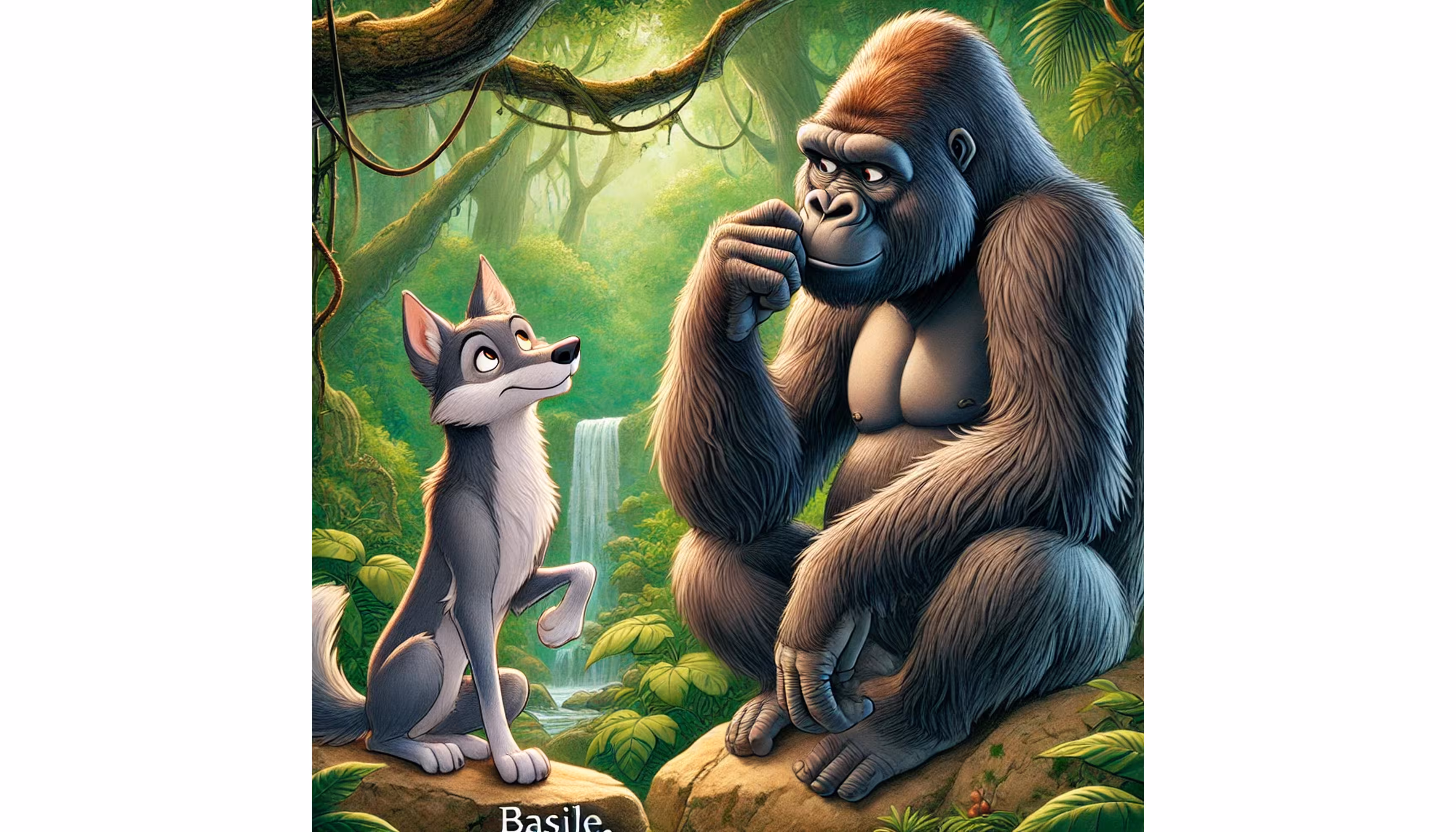 "An old gorilla sitting on a rock in front of his cave, laughing while talking with the wolf."