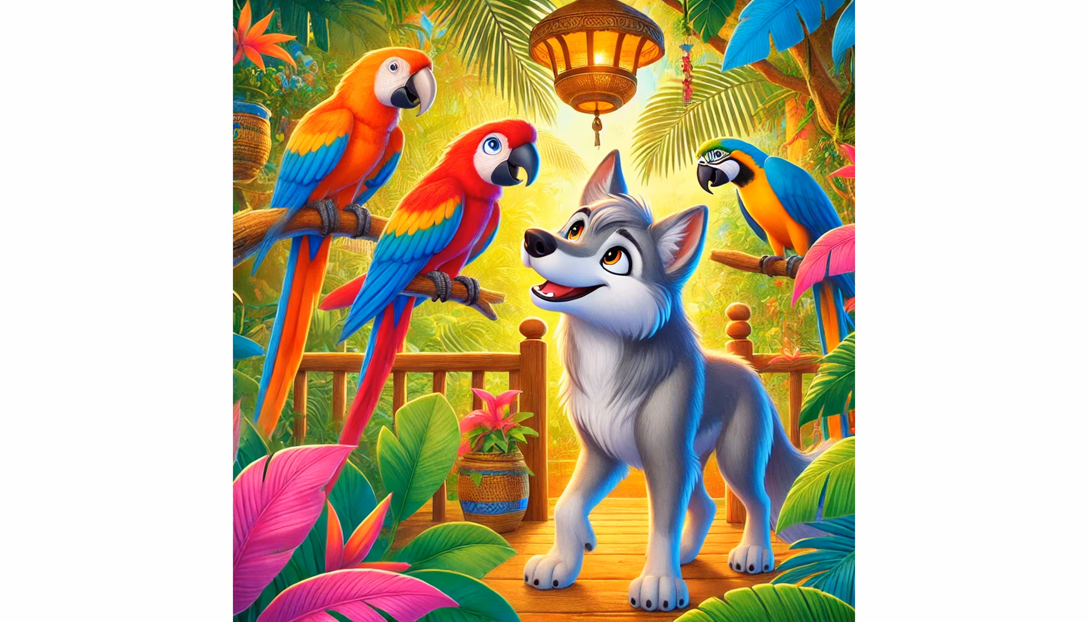 "Colorful parrots singing in a tropical aviary and pointing toward the big green plants."