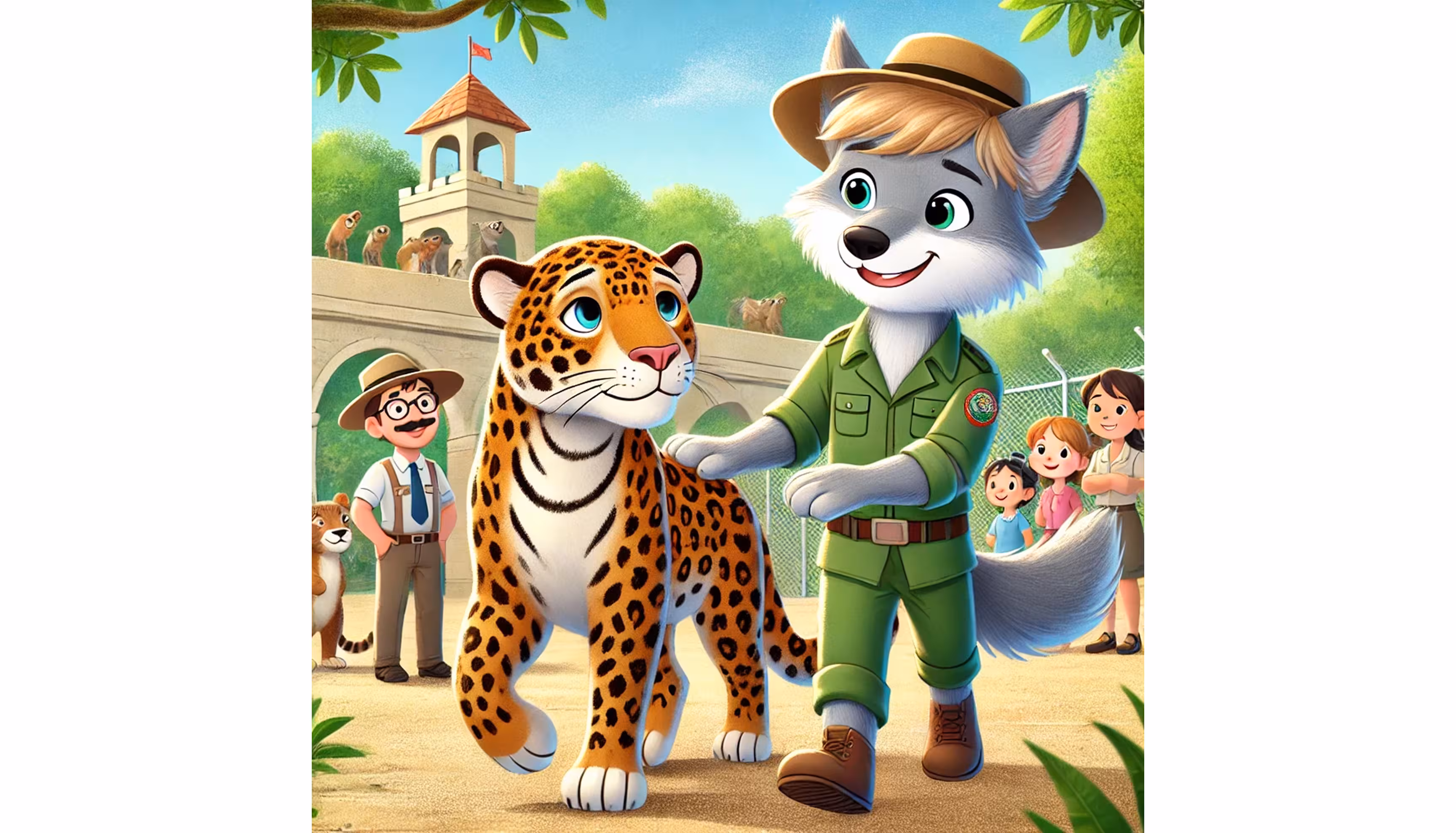 "A jaguar hiding behind a bush and talking quietly with the gray wolf."