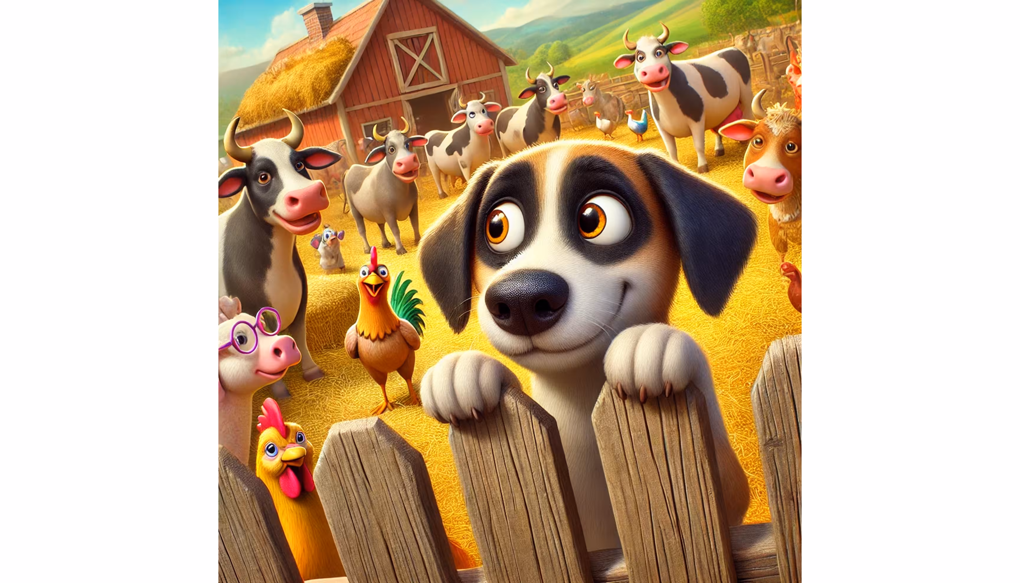 "A very curious dog on a big farm listening in on the other animals."