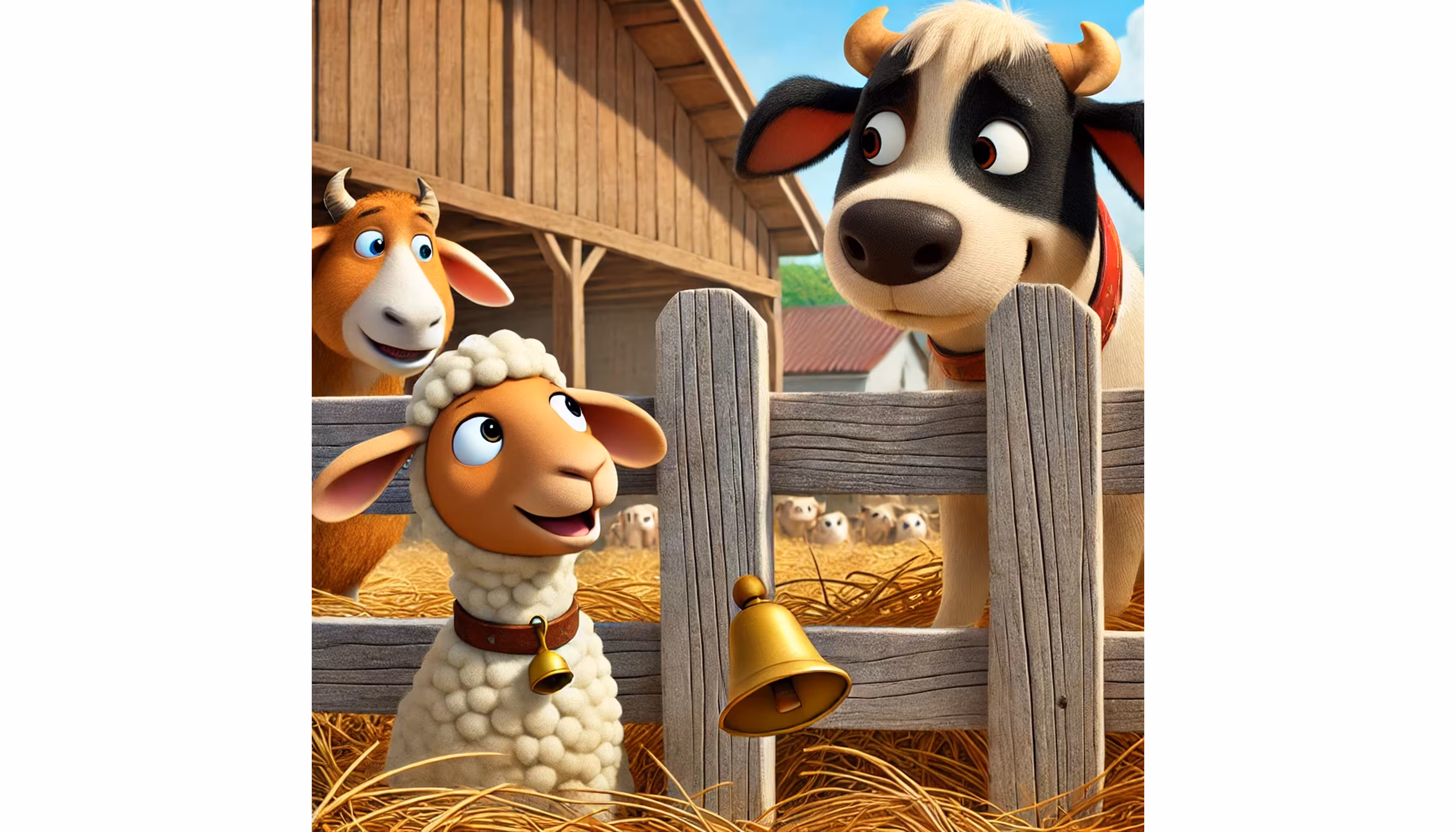 "A dog jumping between a cow and a sheep in the barn and running off to look for a lost bell."
