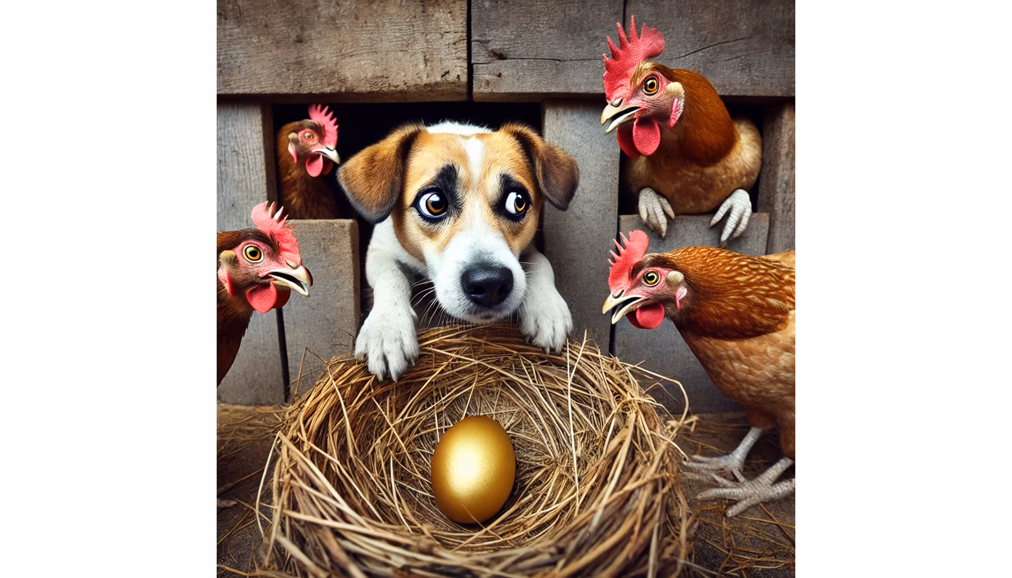 "A dog knocking over the baskets in the chicken coop and finding a very yellow egg."