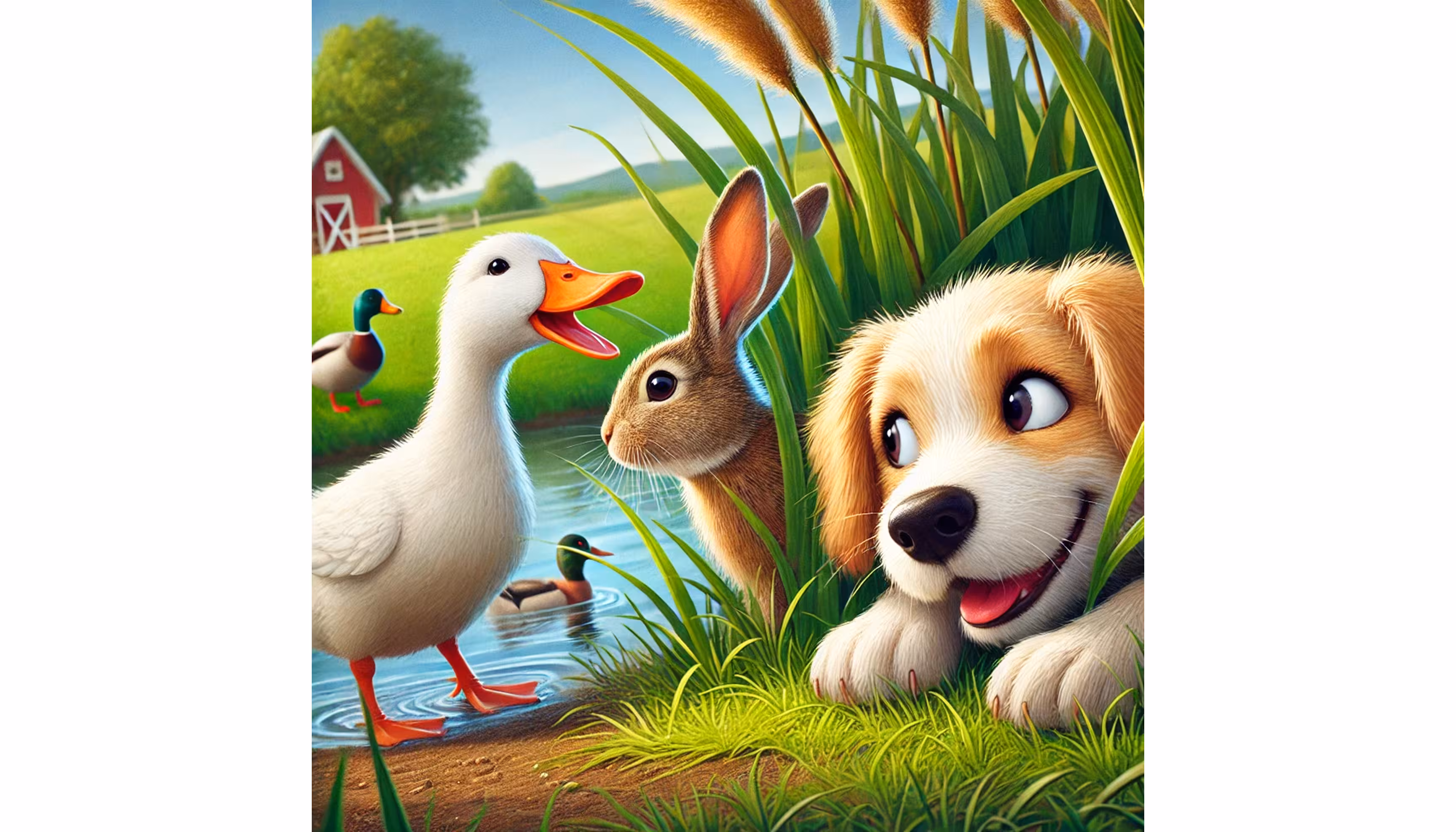"A duck hiding near the pond and being found straight away by the farmer while the animals look annoyed."