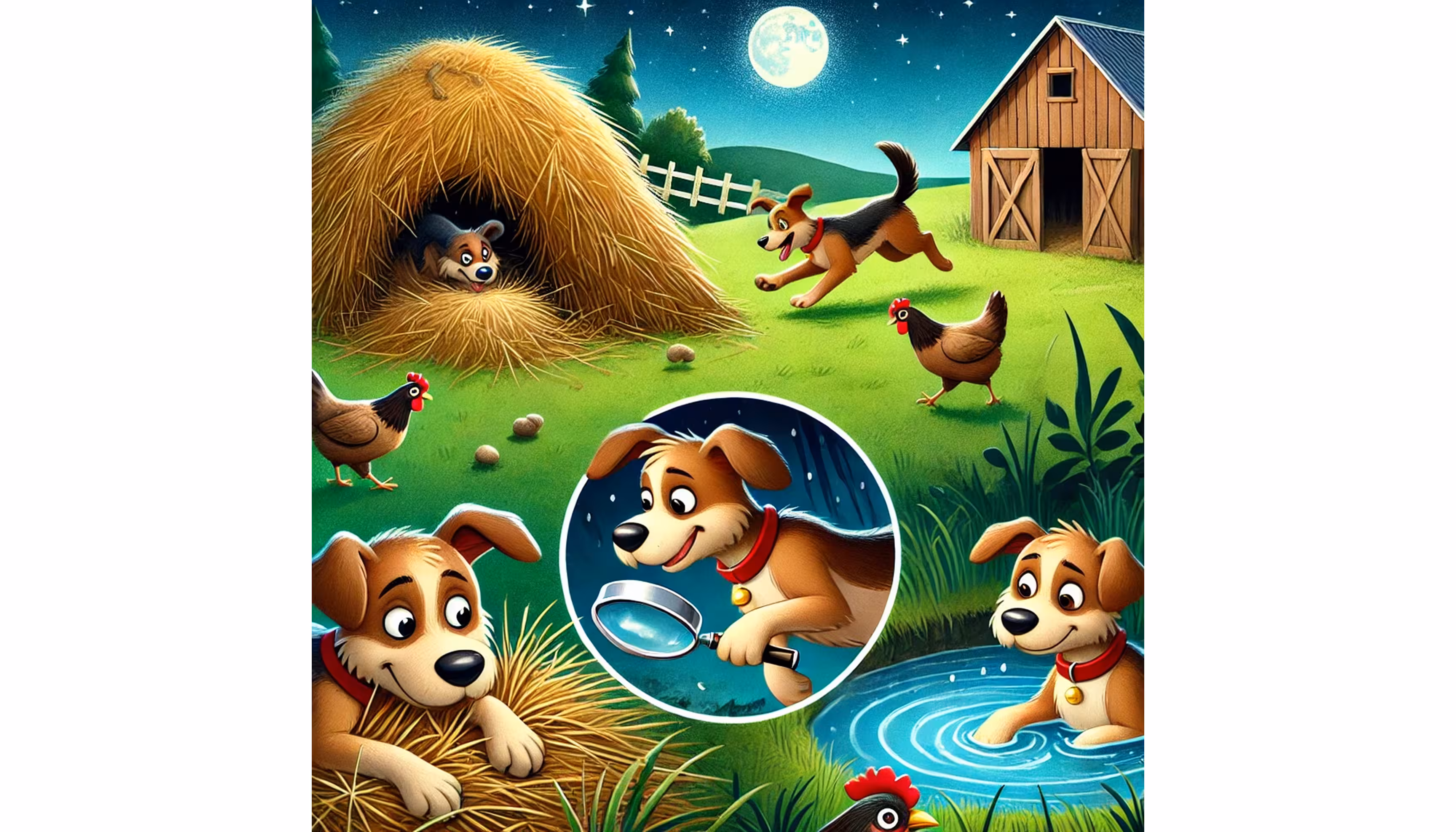 "A dog searching under the hay, behind the chicken coop and in the pond all night long."