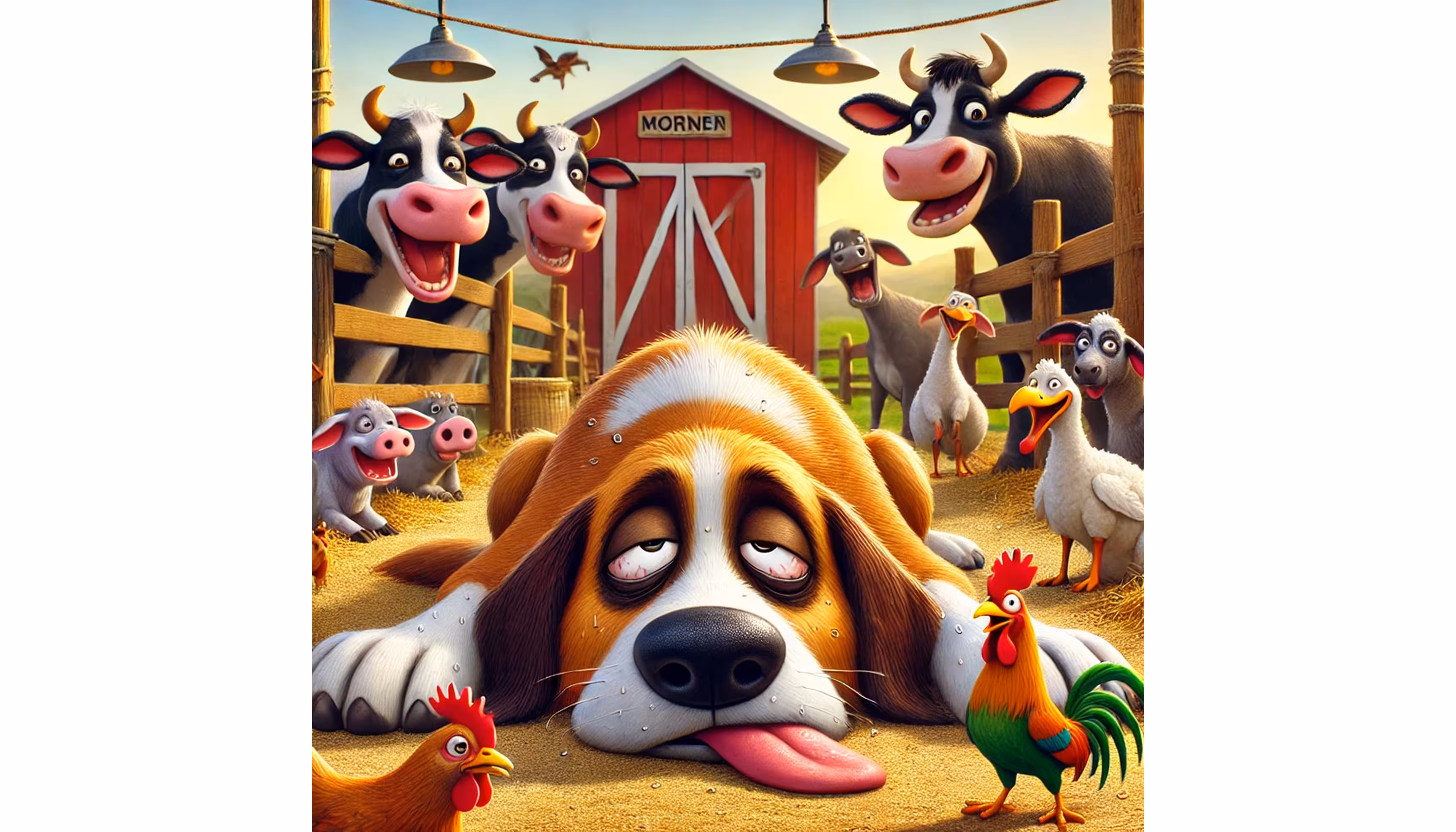 "An exhausted dog lying in the middle of the farm while all the animals laugh at him."