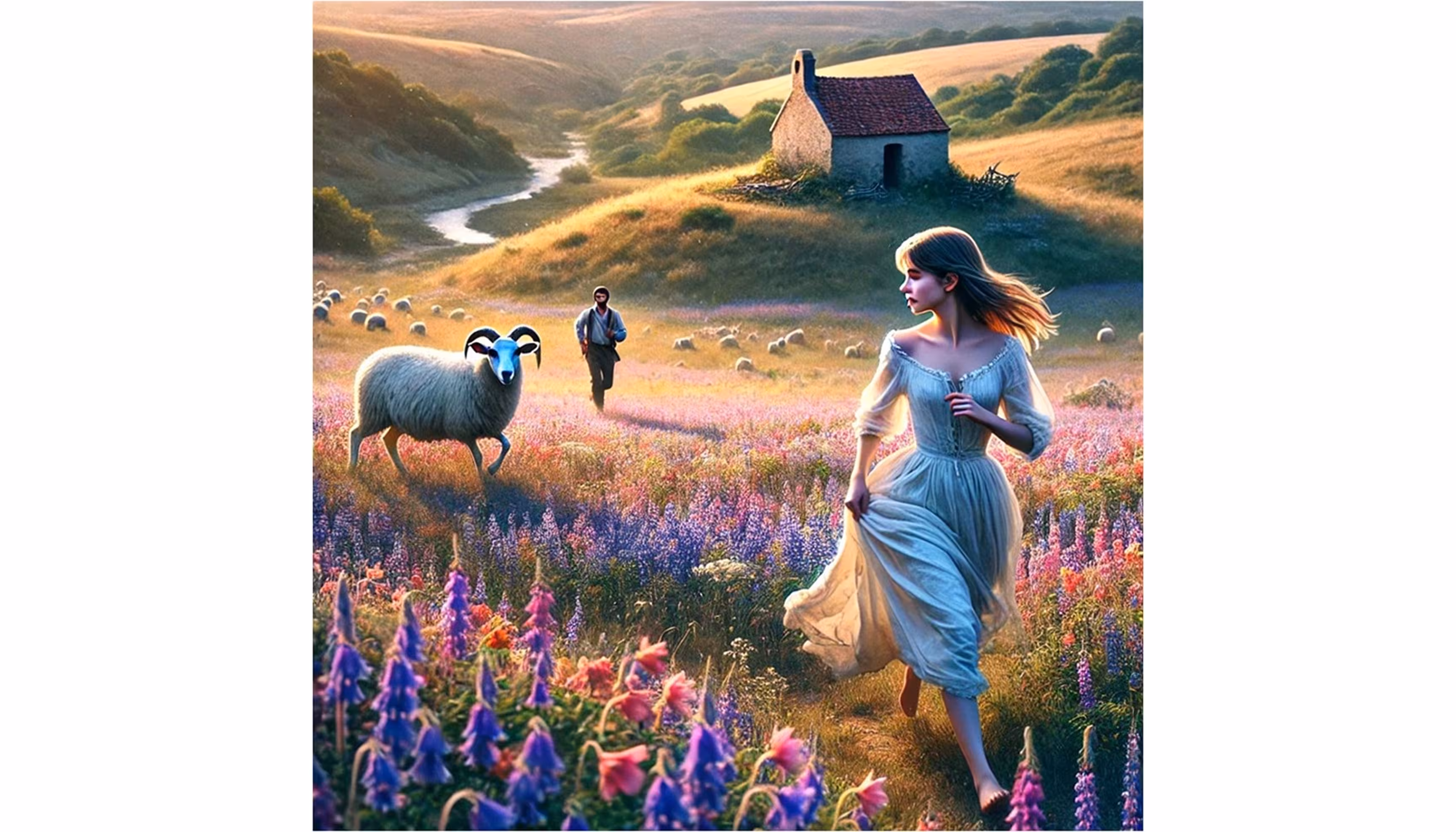 "A young shepherd running through fields of flowers after a young girl he has spotted in the distance."