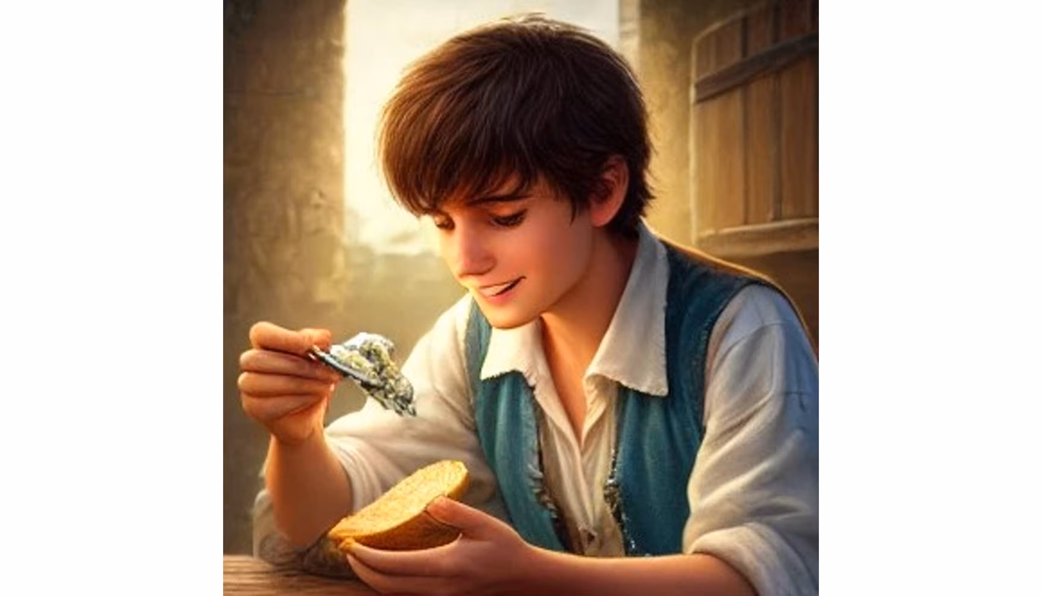"A young man eating cheese with bread."