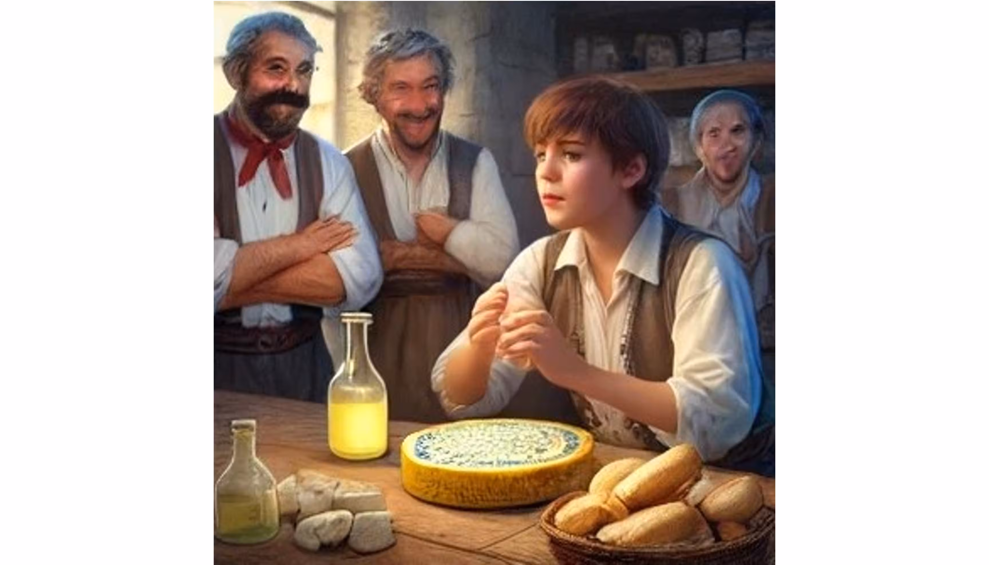 "A young man eating cheese with other people present in the room."
