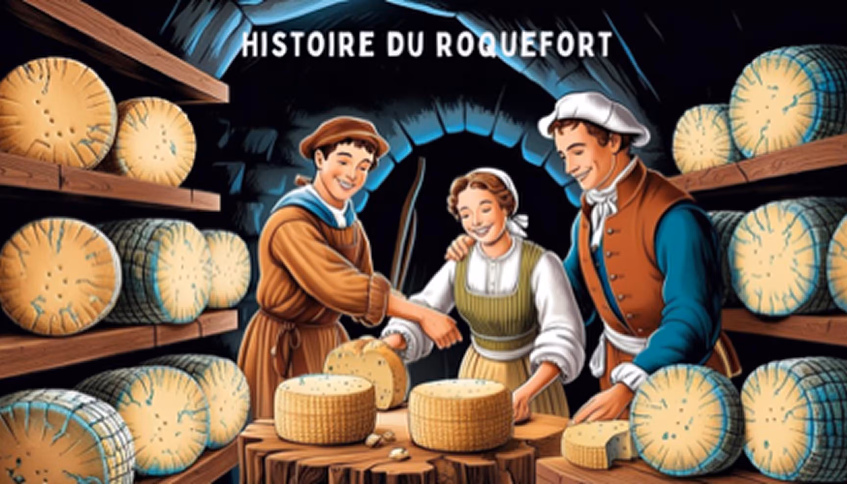 "Illustration of cheese-makers with the text \"histoire du roquefort\" on top of the picture."