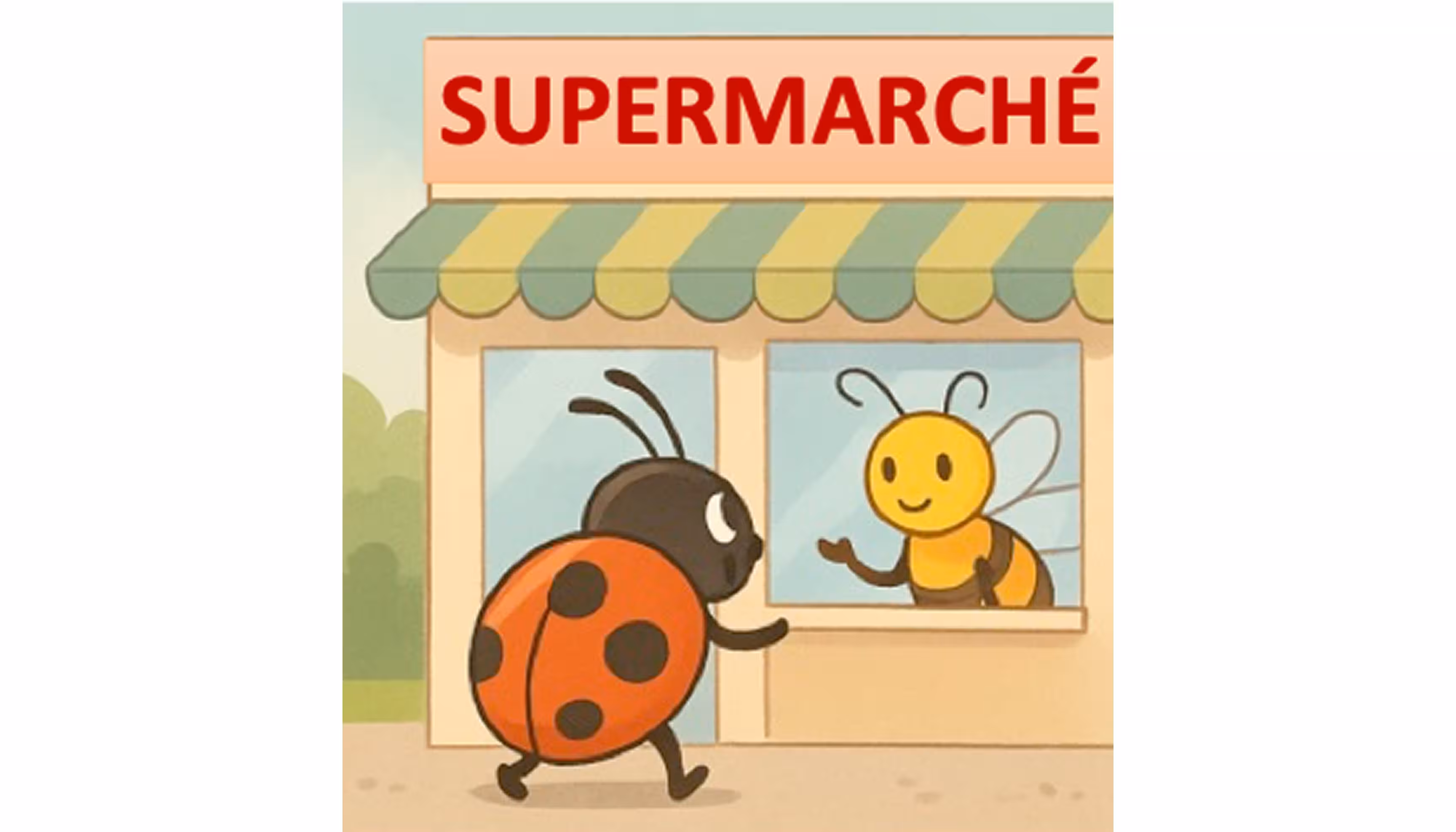 "A ladybug speaking to a bee at the supermarket"