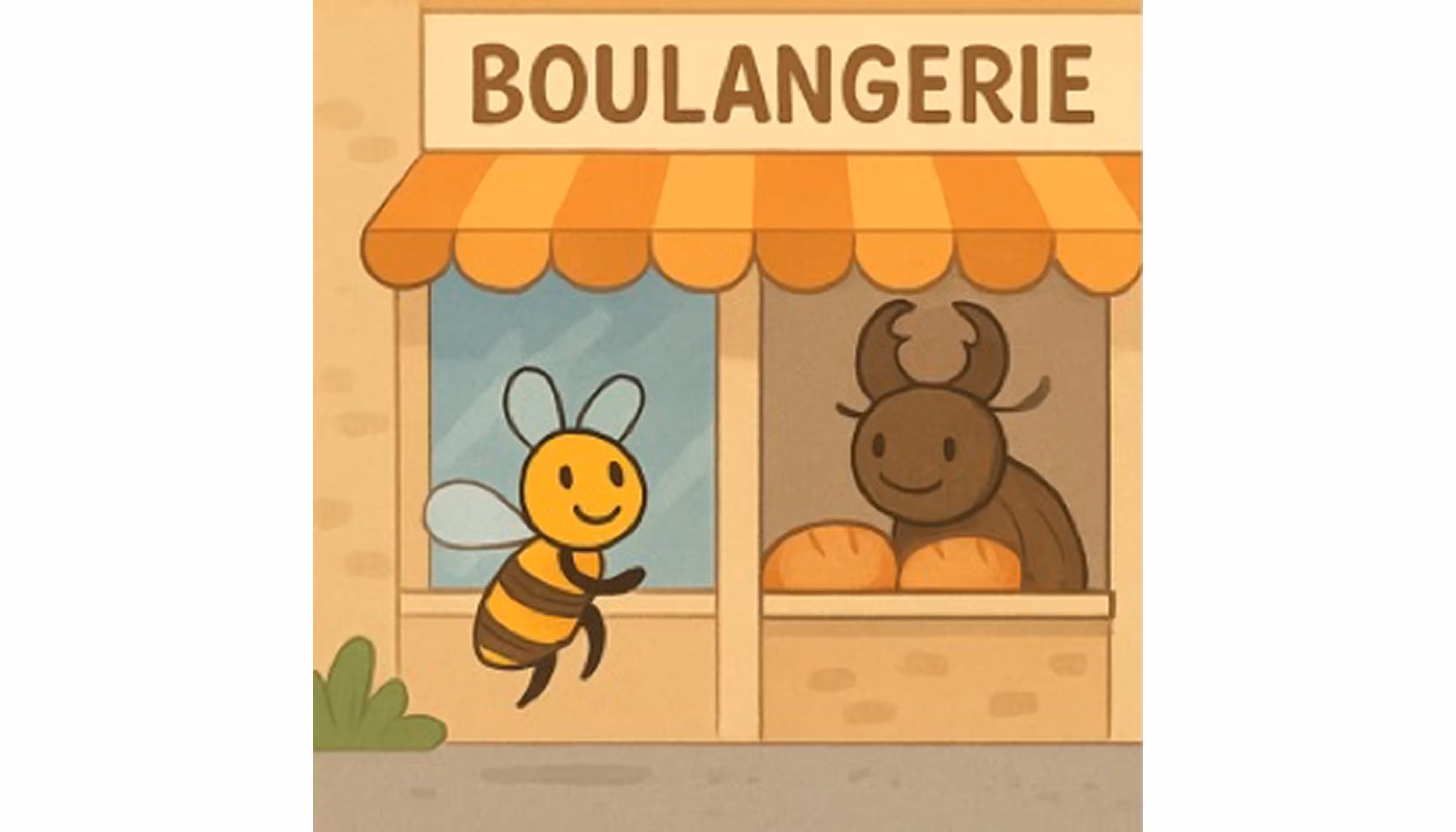 "A ladybug in the rain visiting the beetles' bakery and the butterfly's flower shop."