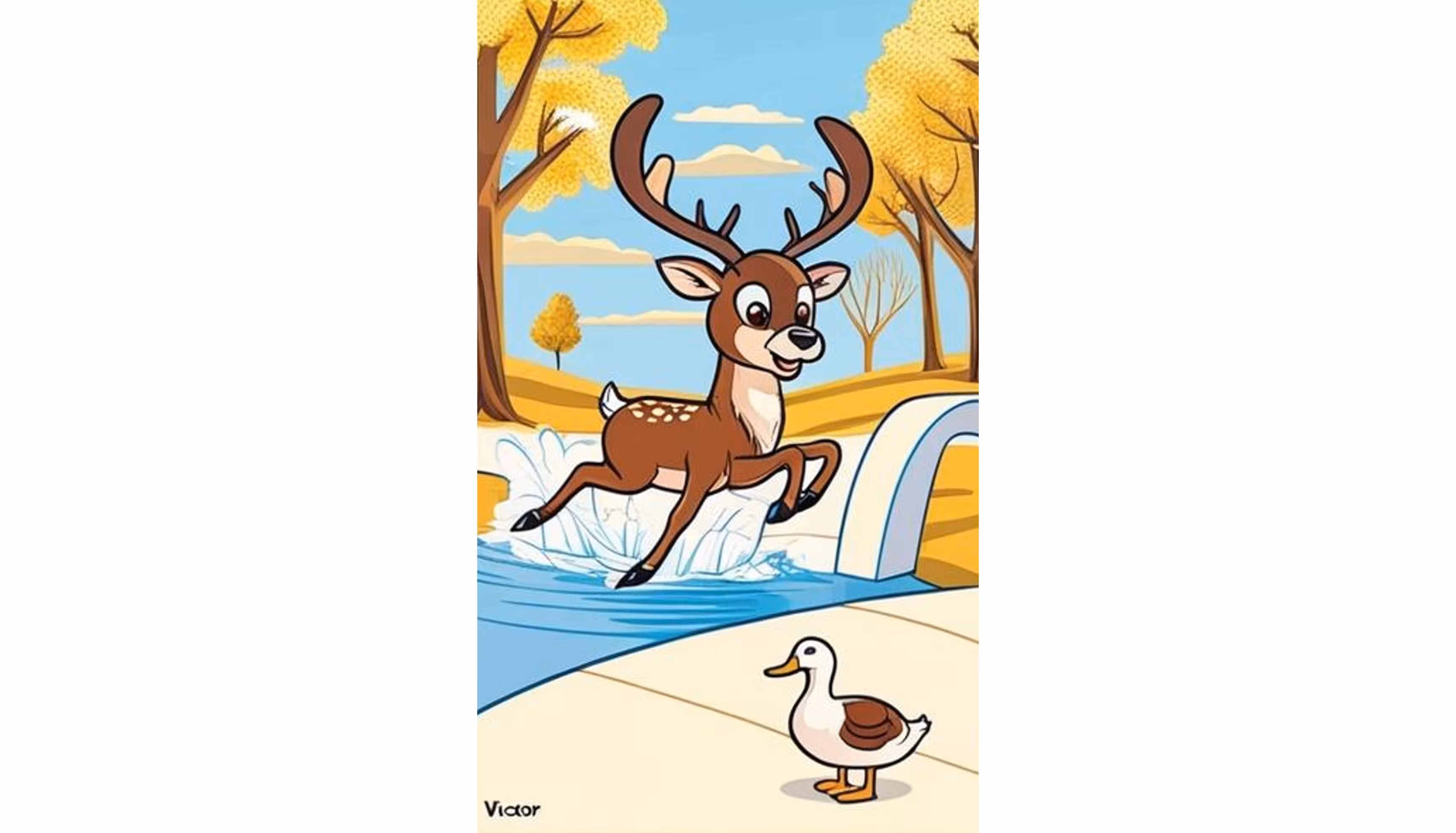 "An elk running through the forest past another elk practicing water polo, then crossing a cold river."