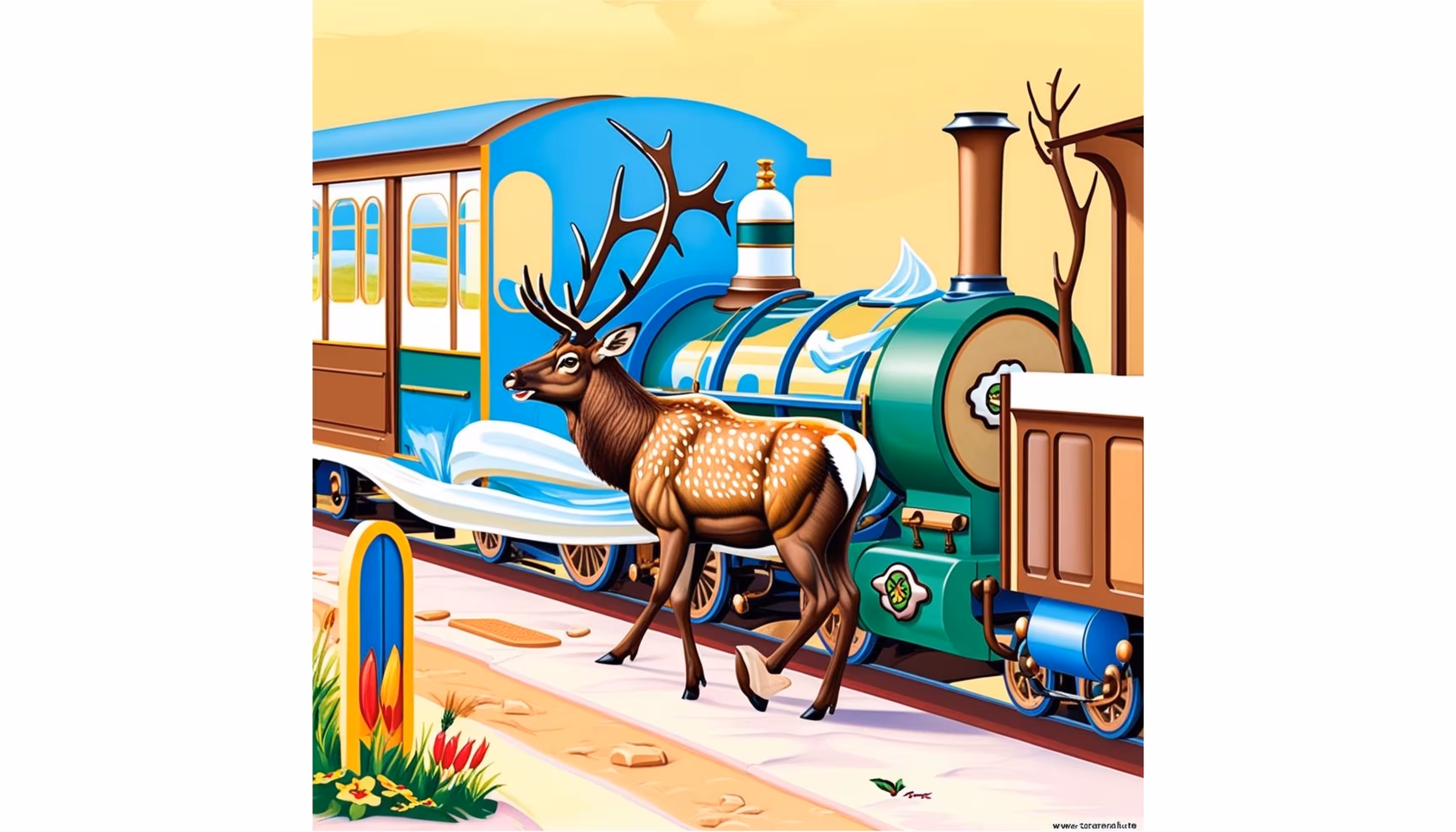 "An elk sitting in the school train car next to a big kiwi, watching a squirrel run by with a sandwich."