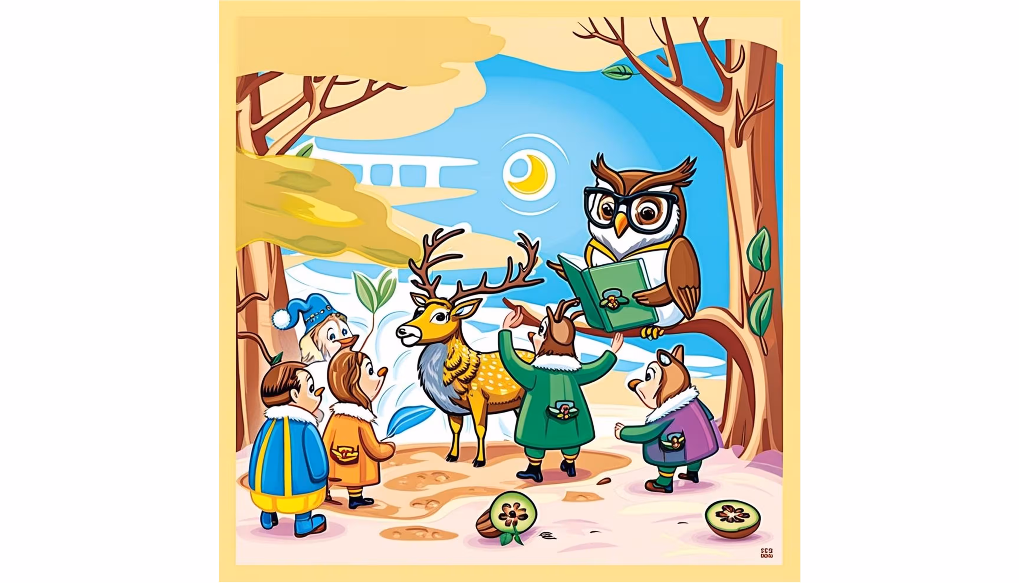"An elk raising his paw to answer the owl teacher's question about forest animals."