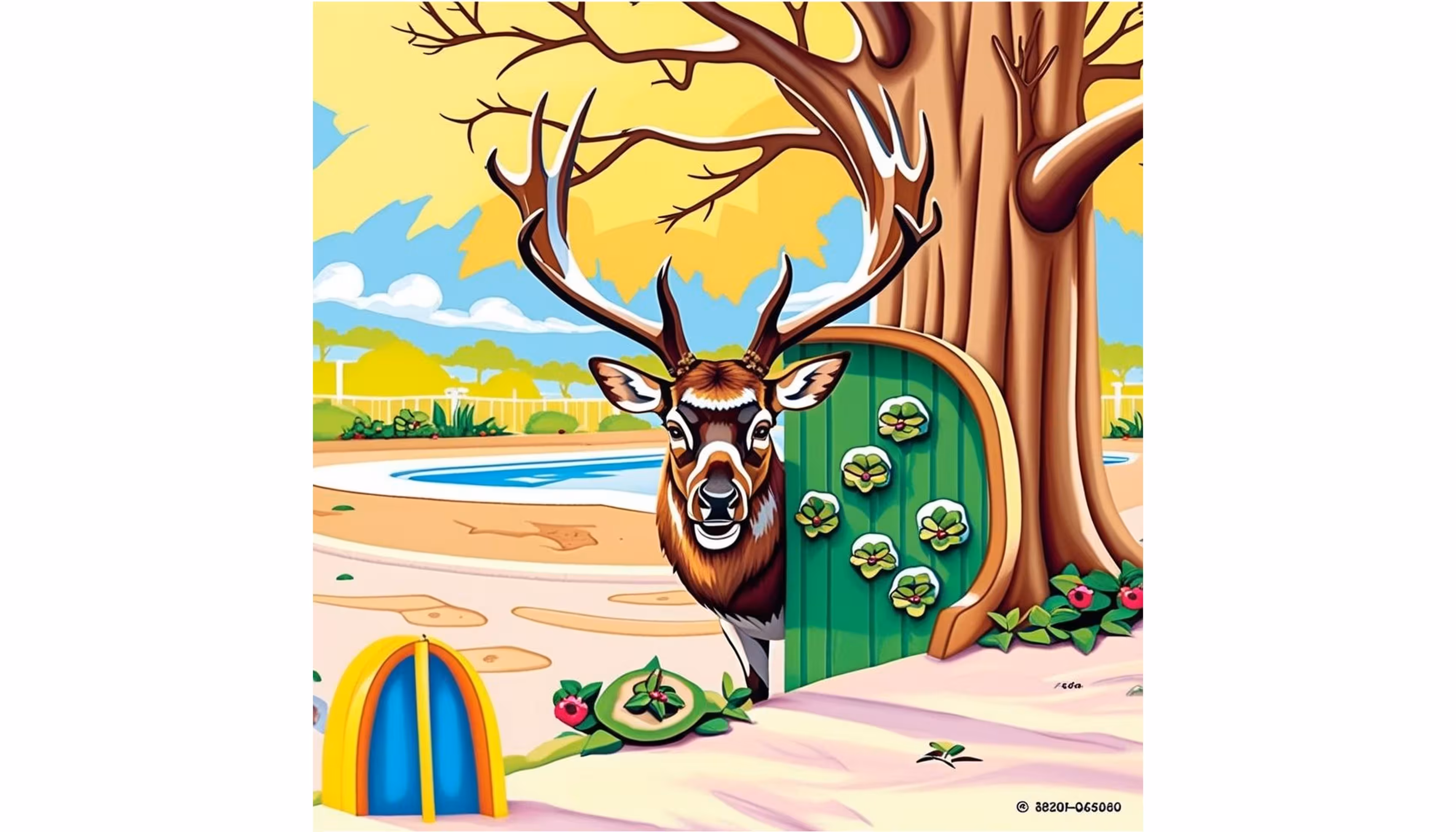 "An elk playing hide-and-seek with his friends in the forest schoolyard during recess."