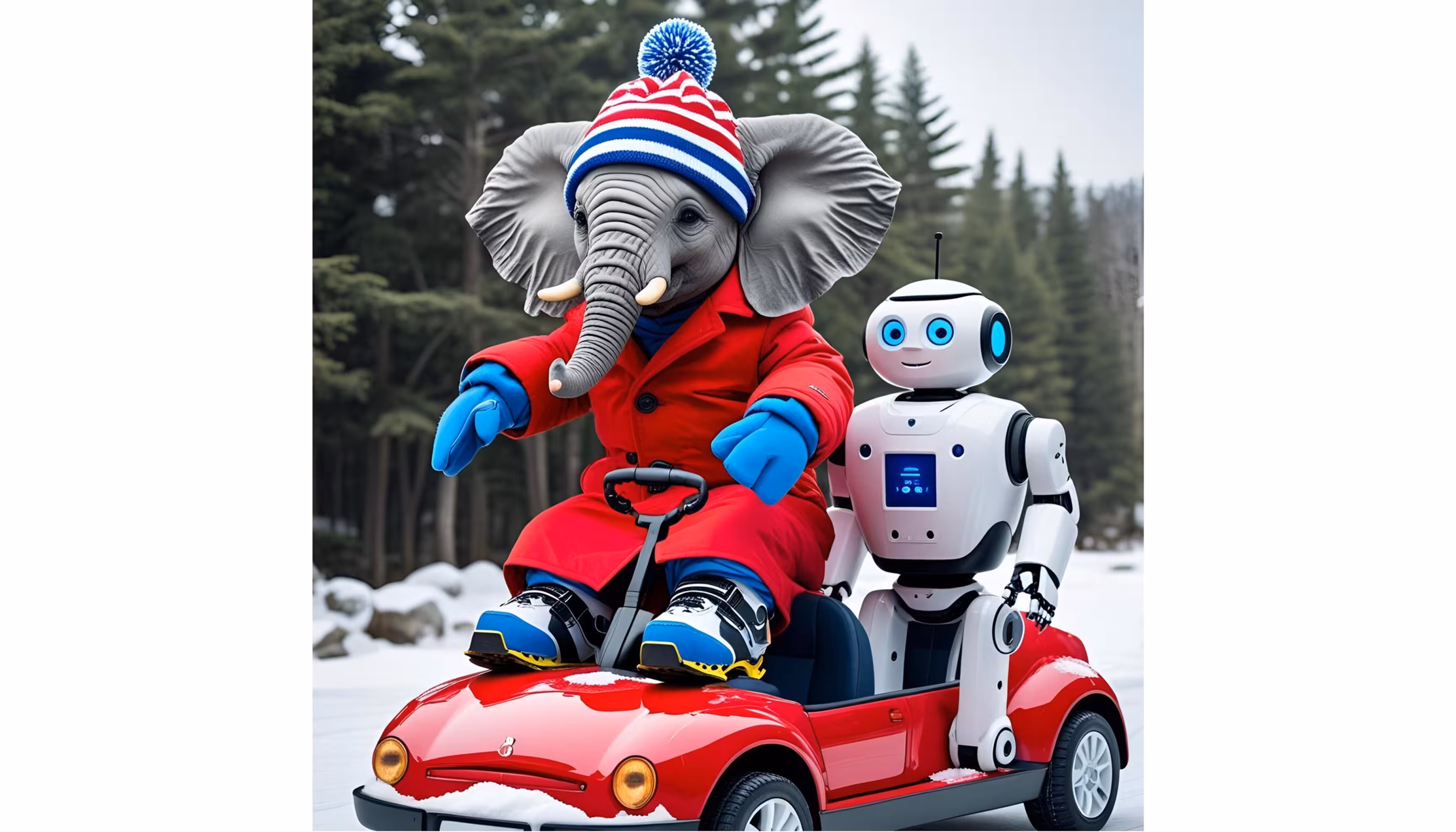 "A little elephant in winter clothing on a snow vehicle with a white robot."