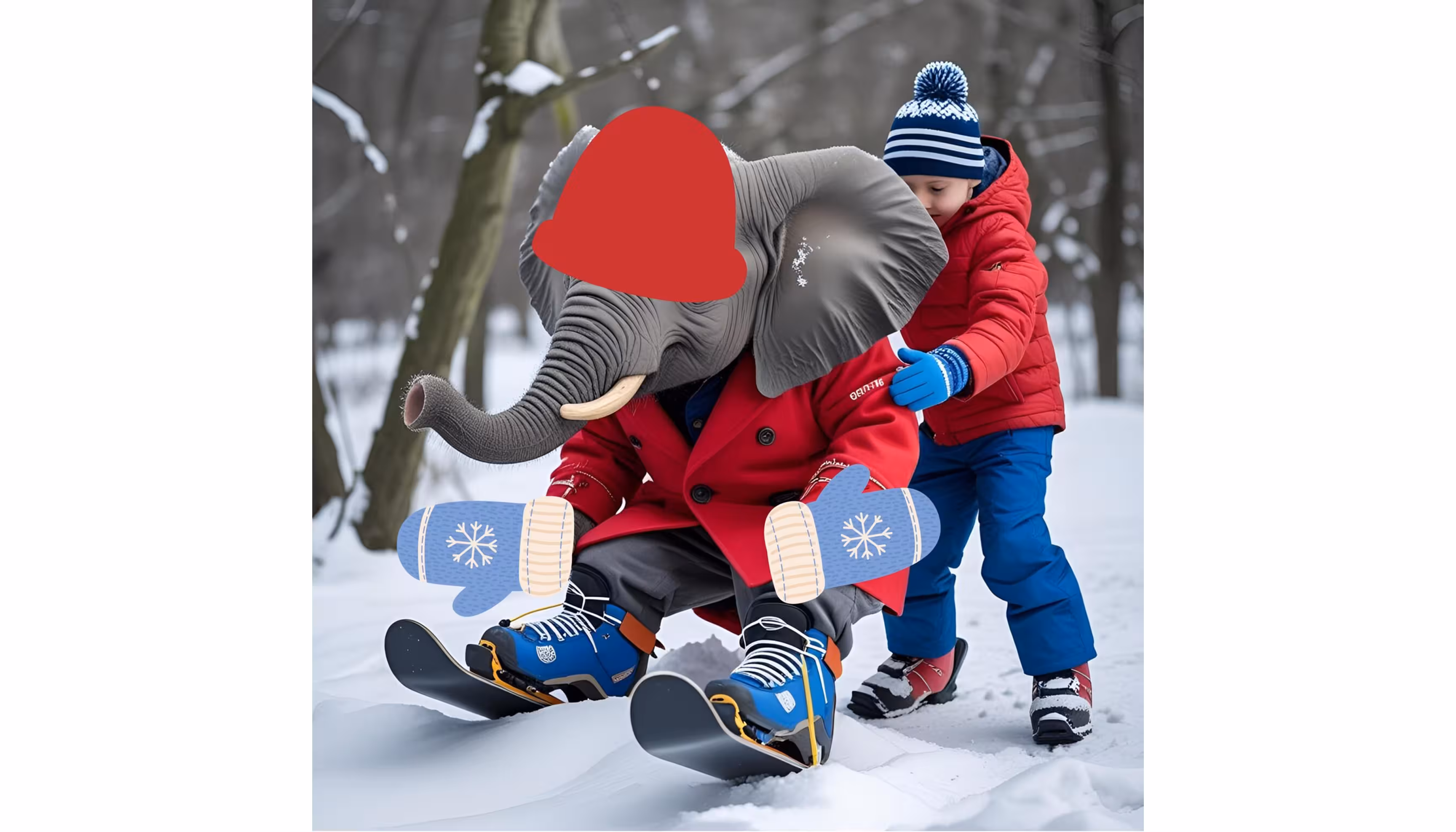 "A boy offering his hand to help the baby elephant get up out of the snow."