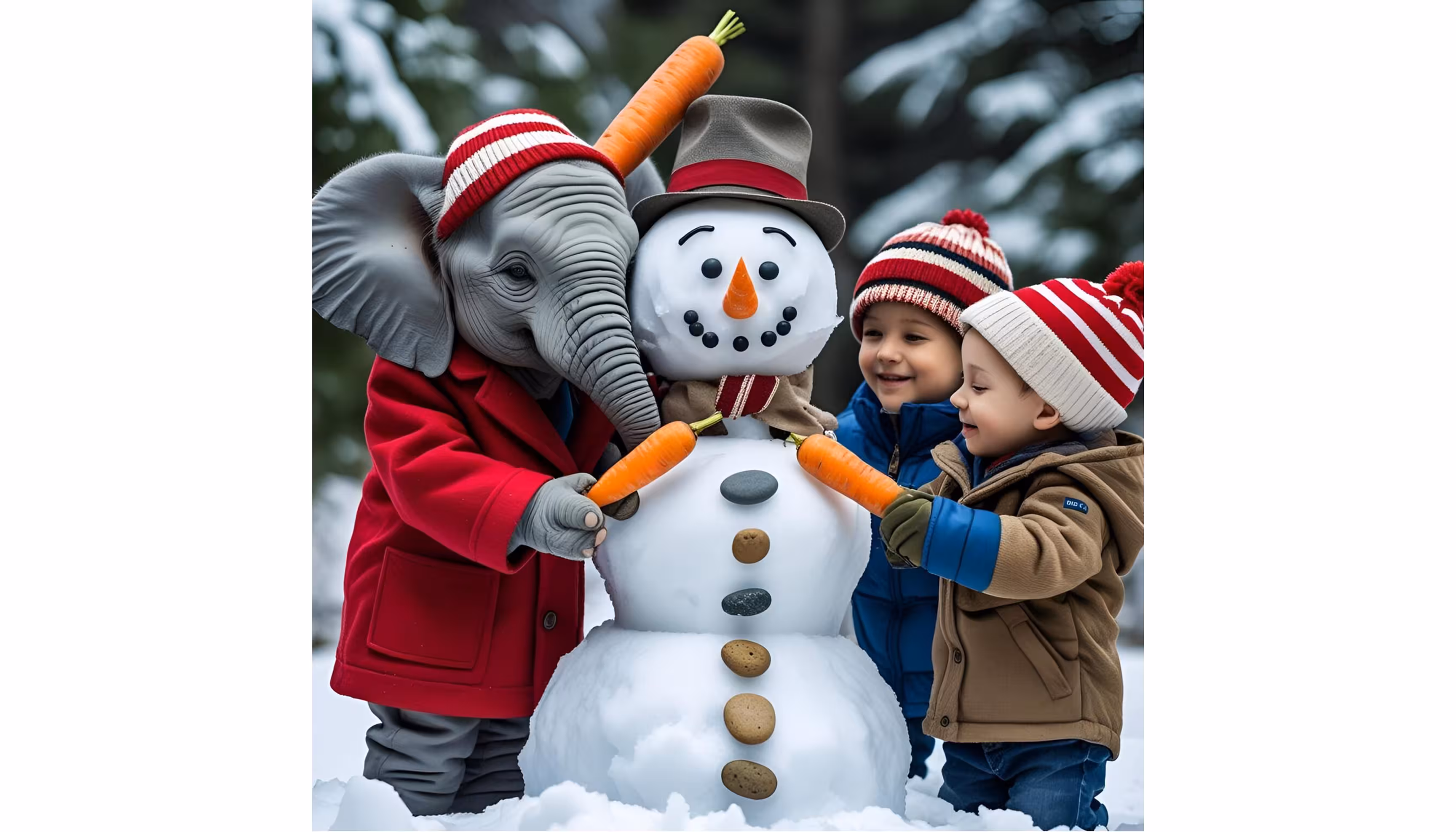 "A baby elephant and his friends building a snowman with a carrot nose, pebble eyes and an old hat."