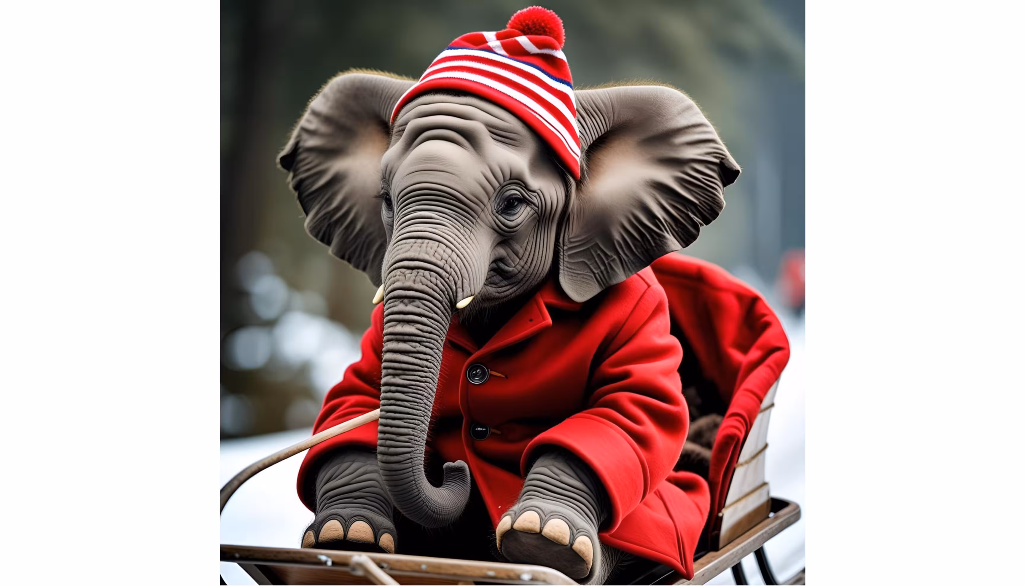 "A young elephant wearing winter clothing on a sled"