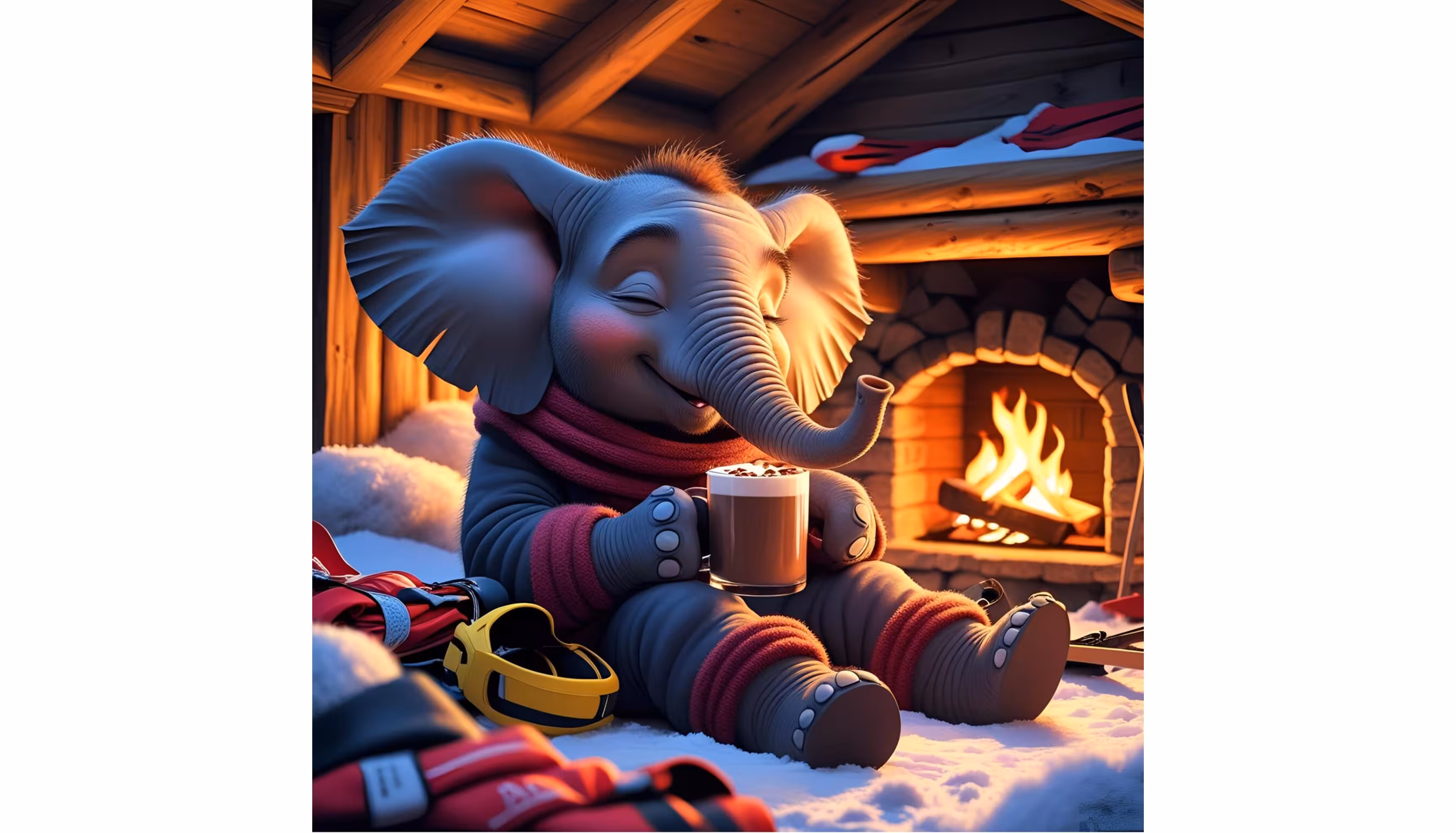"A little elephant drinking a hot cocoa indoors, near a fireplace."