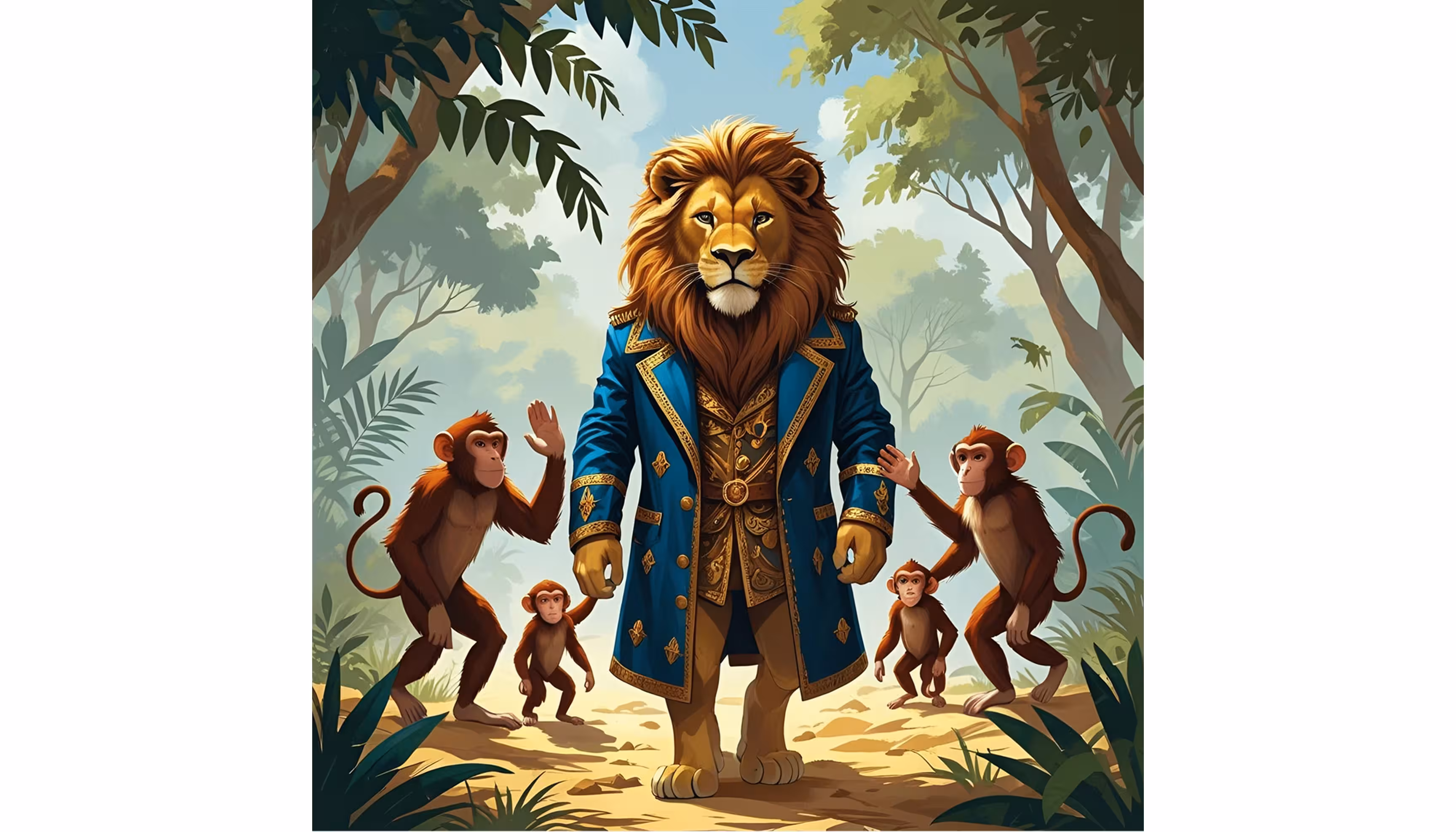 "A lion king wearing his shiny royal cloak, greeted by the monkeys."caption: "the king lion"