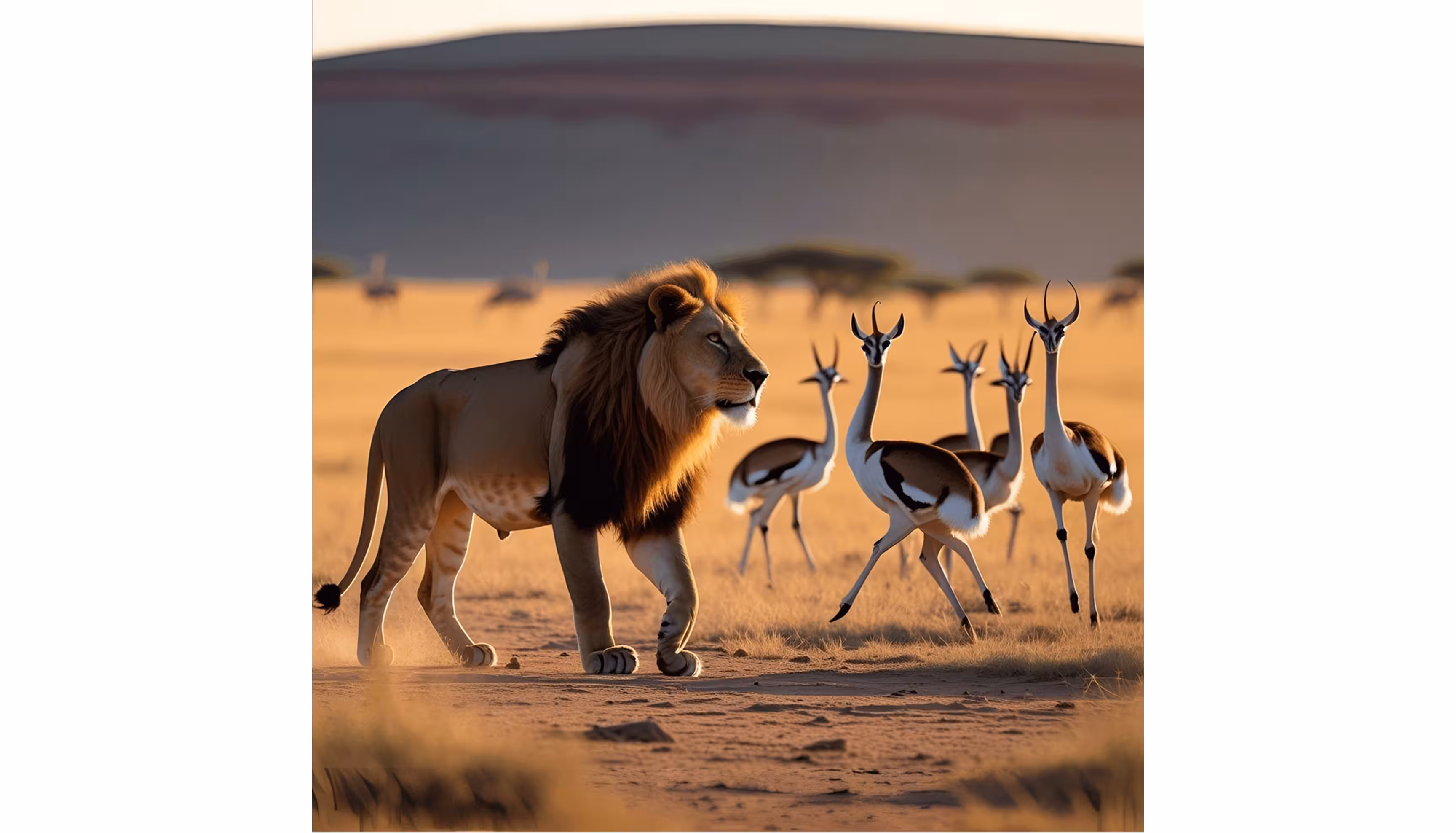 "A lion walking past calm antelopes and dancing ostriches in the plain."caption: "the lion with the antelopes"