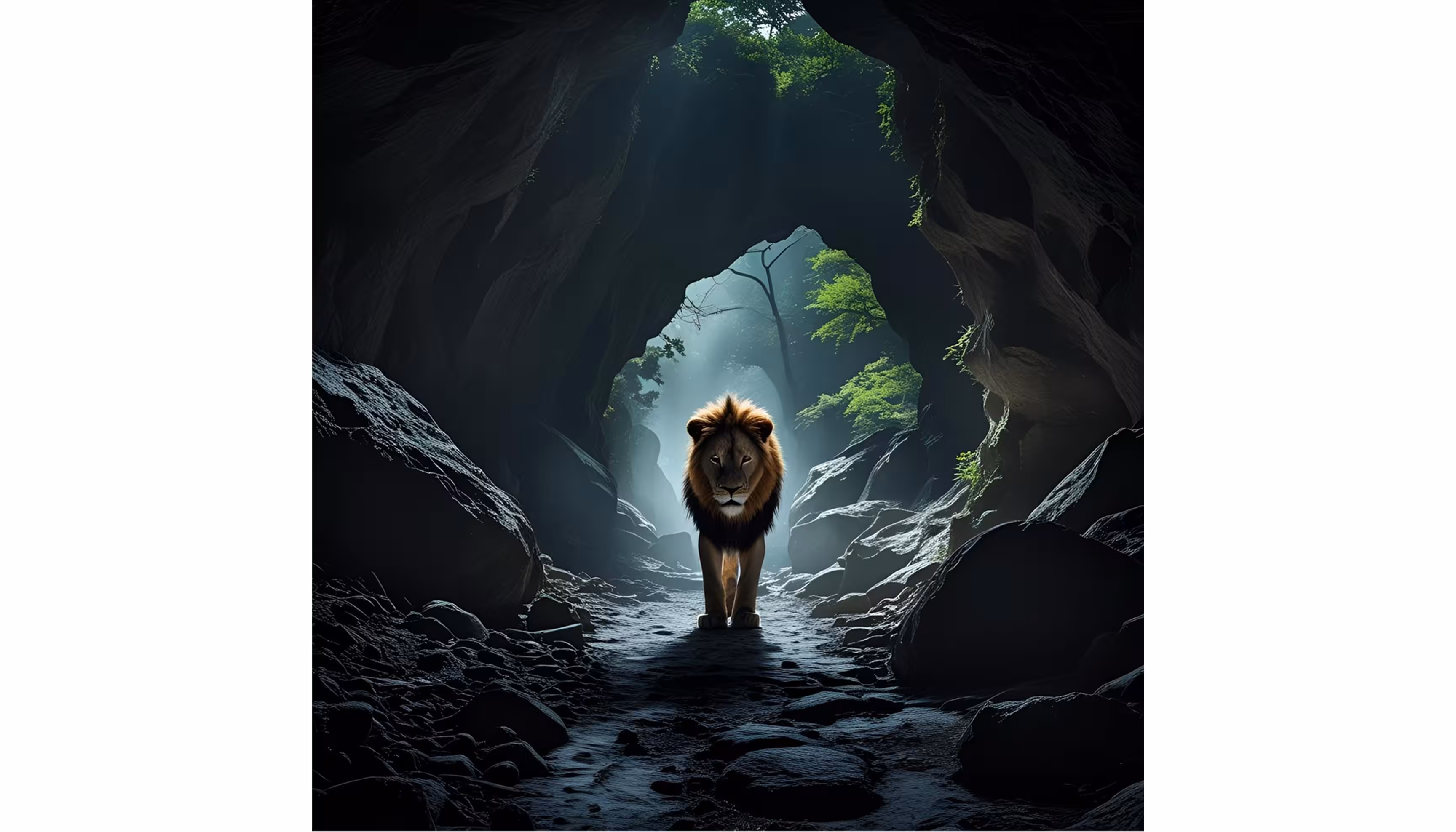 "A lion entering a dark old cave to find where the strange noise comes from."caption: "the lion in the cave"