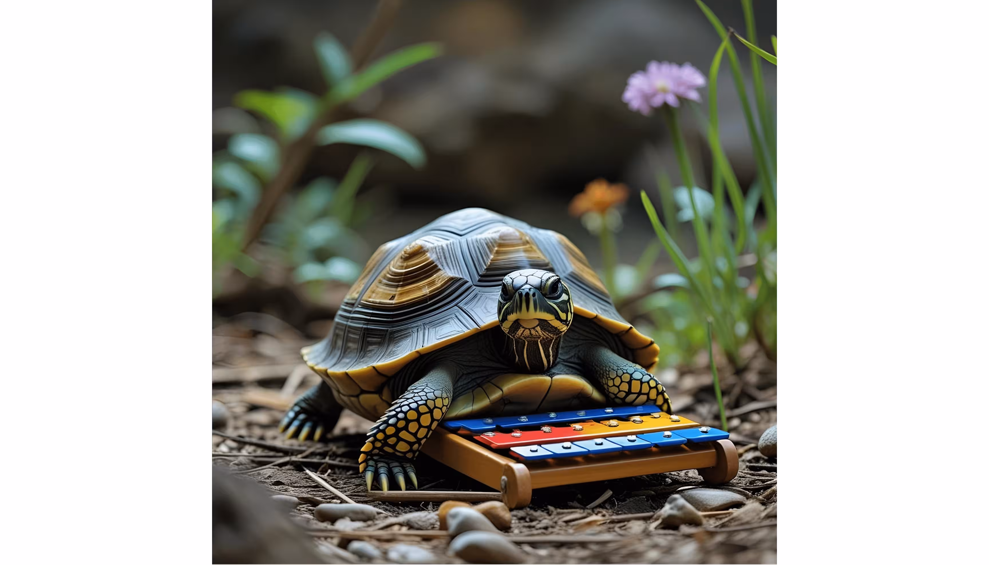 "A lion facing a small trembling turtle who has dropped her xylophone."caption: "The lion and the turtle"