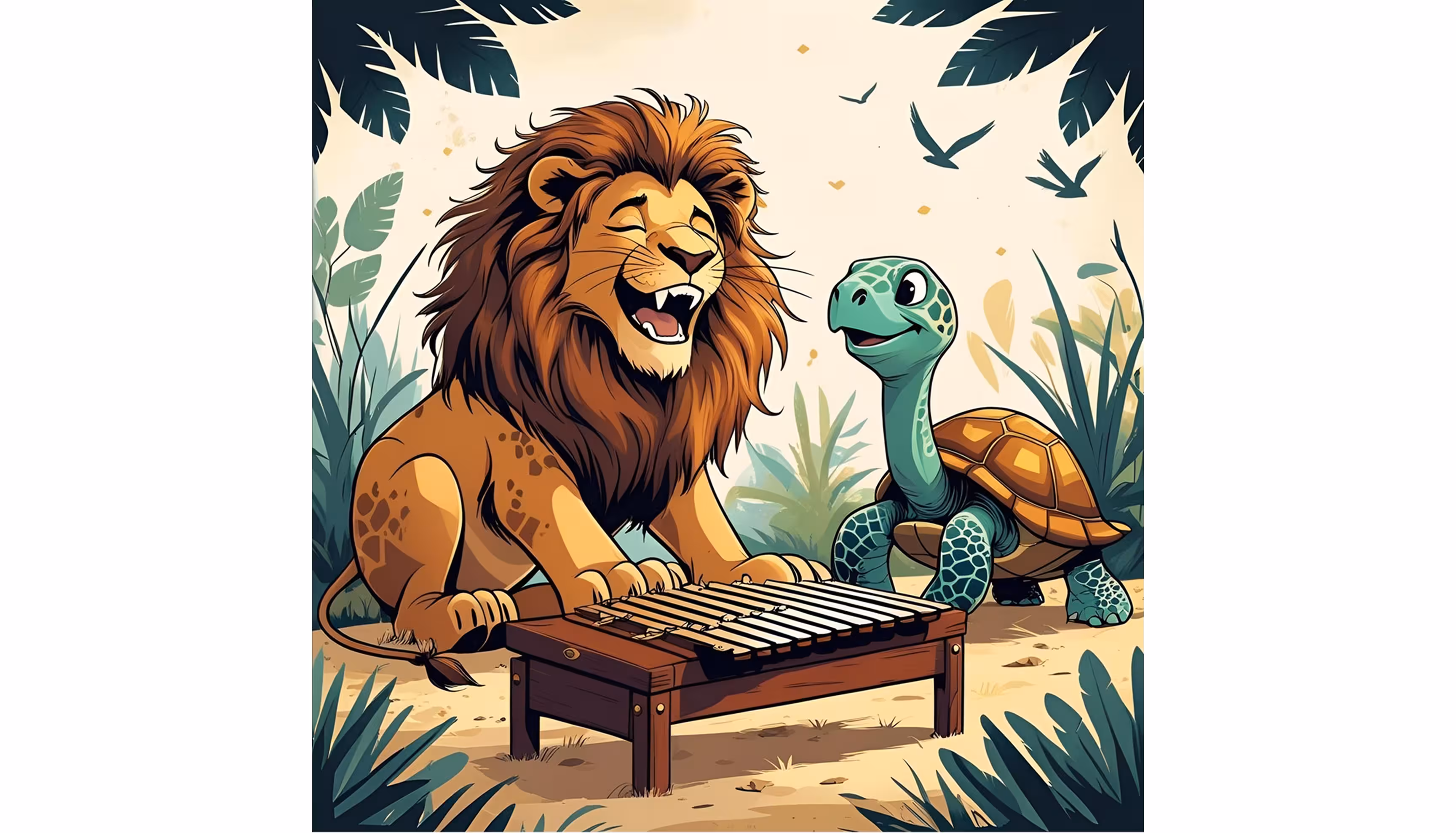 "A lion bursting out laughing after discovering the turtle and her magic xylophone."caption: "The lion is laughing"