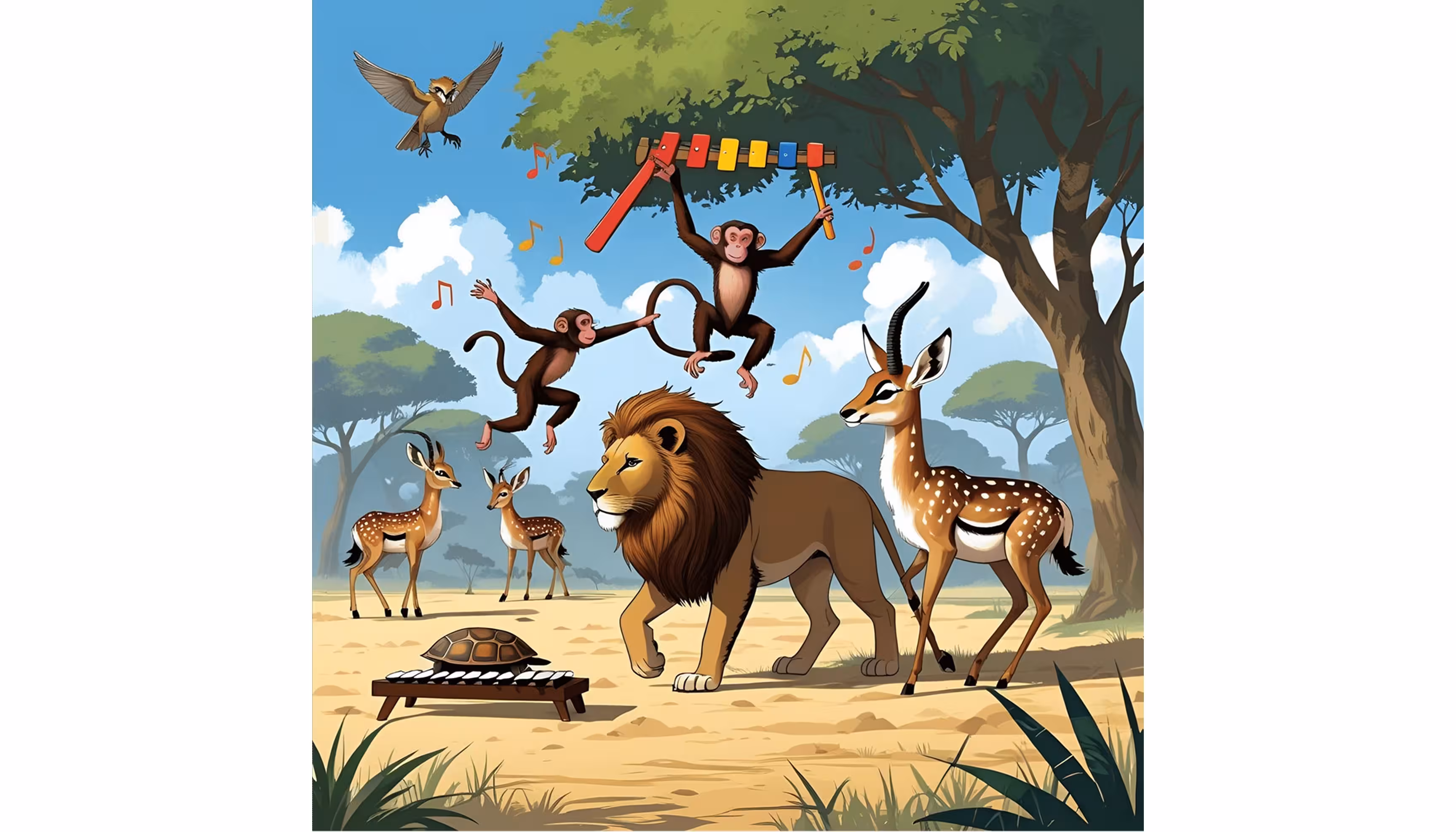 "A lion king back in the plain while the monkeys dance to the sound of the xylophone."caption: "the lion in the plain"
