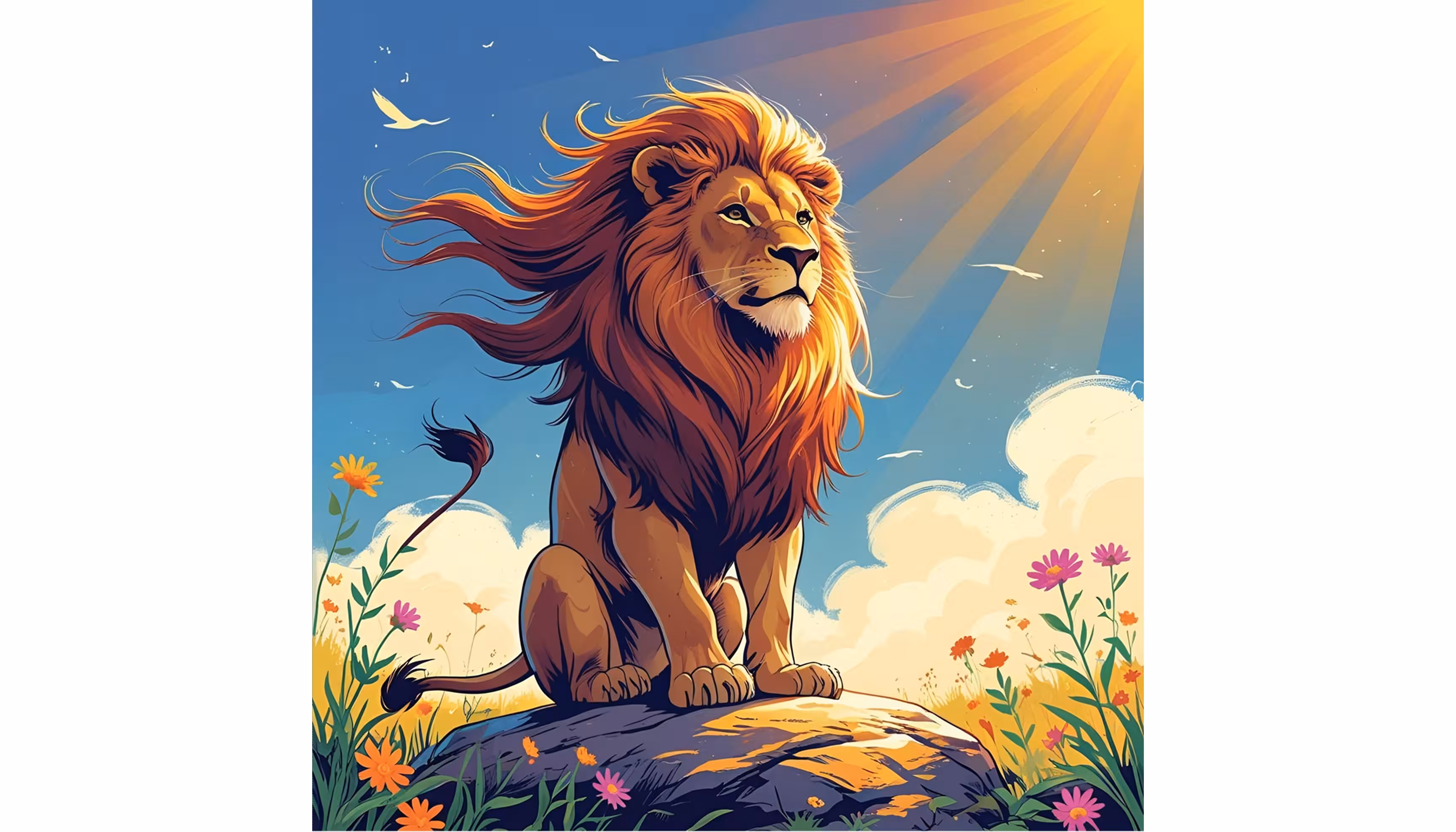 "A lion king smiling under the sun in the savannah."caption: "The king lion smile"