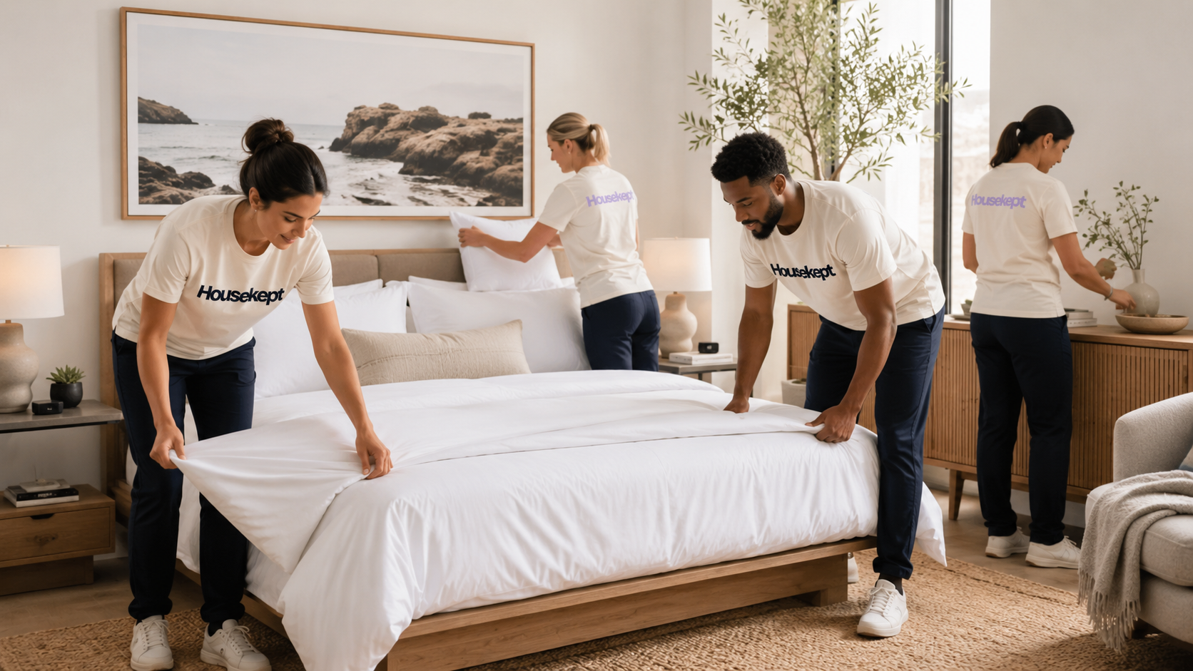 HouseKept team making a bed with fresh white linen for an Airbnb turnover