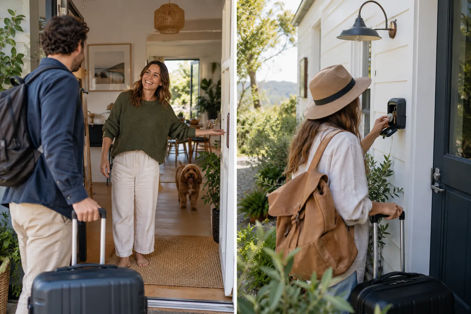 Host welcoming a guest beside a separate scene of a traveller using a holiday-home key lockbox