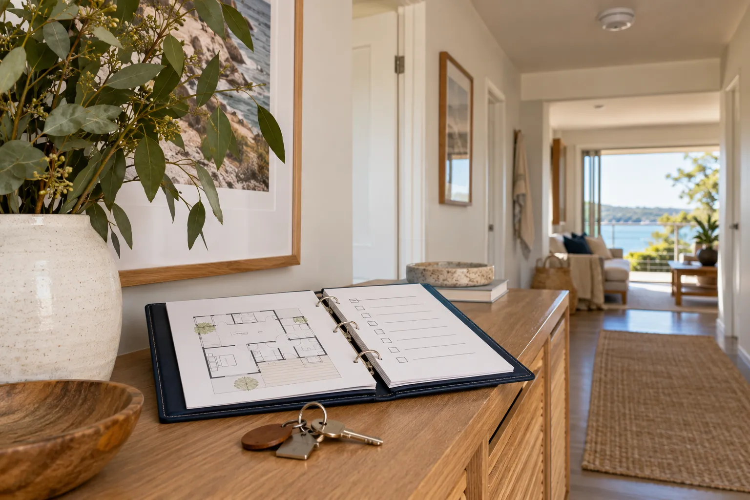 Holiday-rental welcome binder, property checklist and house keys beneath a hallway smoke alarm