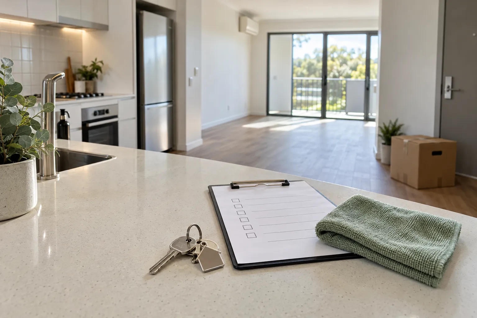 Keys and inspection checklist on the bench of a freshly cleaned empty rental apartment