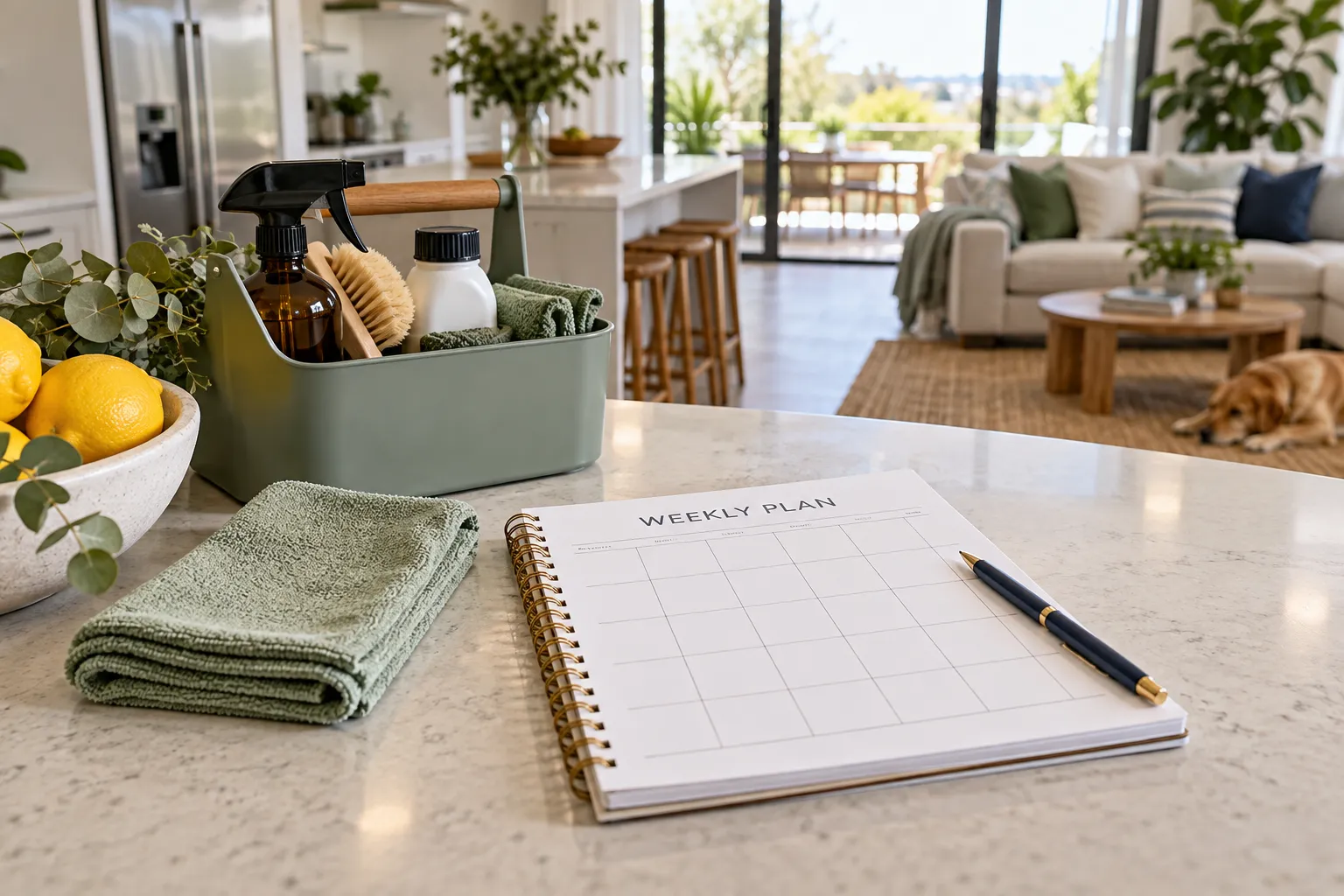 Weekly cleaning planner beside a microfibre cloth and cleaning caddy in a bright home