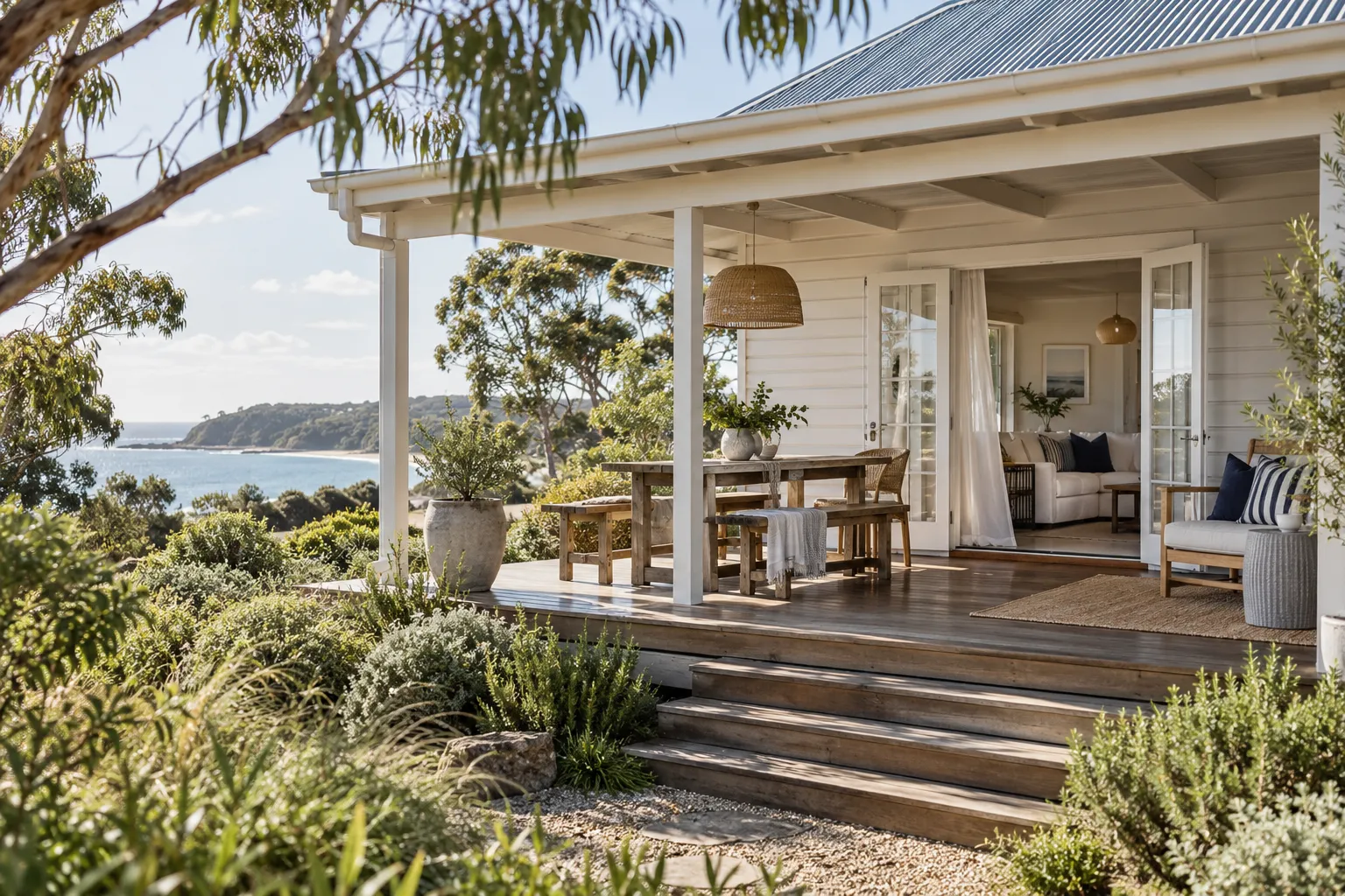 Coastal holiday cottage with a timber veranda and eucalyptus garden overlooking the water