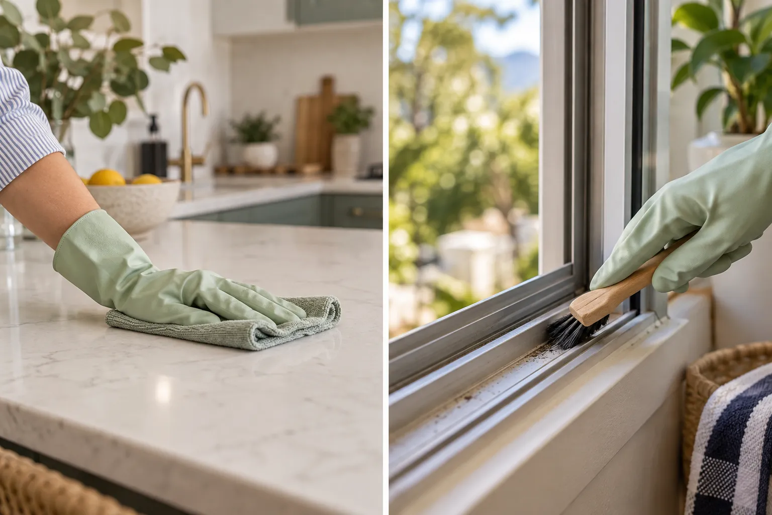 Routine bench wiping beside detailed cleaning of a sliding-window track