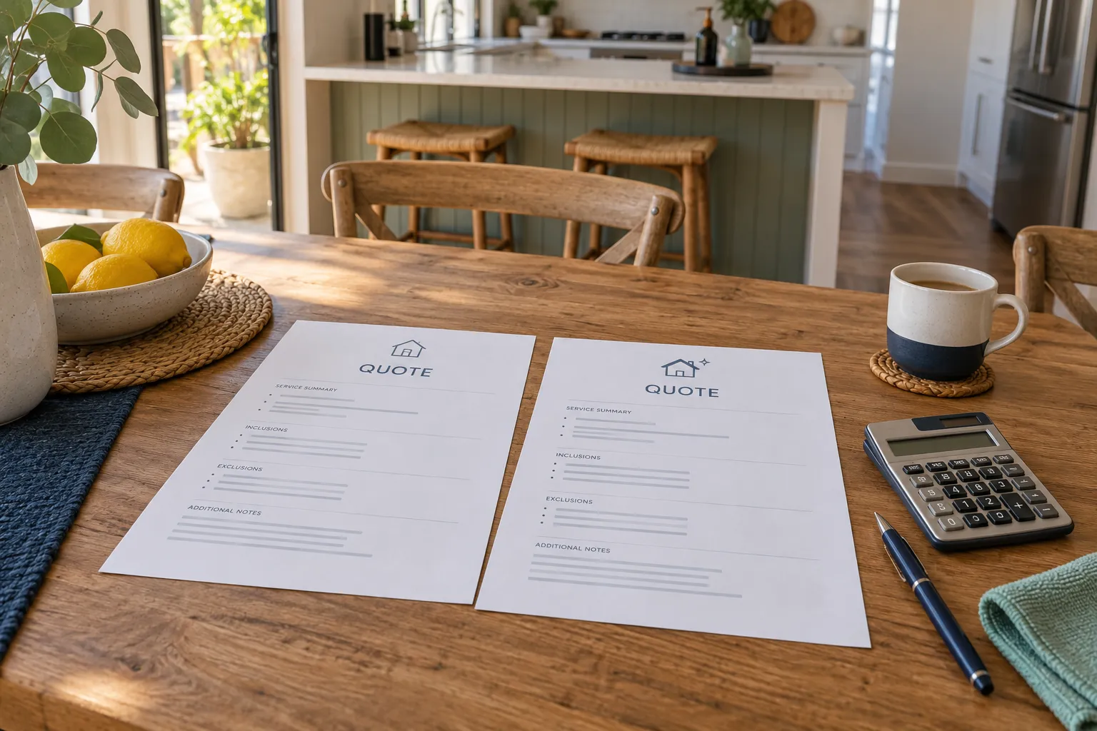 Two cleaning quotes beside a calculator and pen on a kitchen table