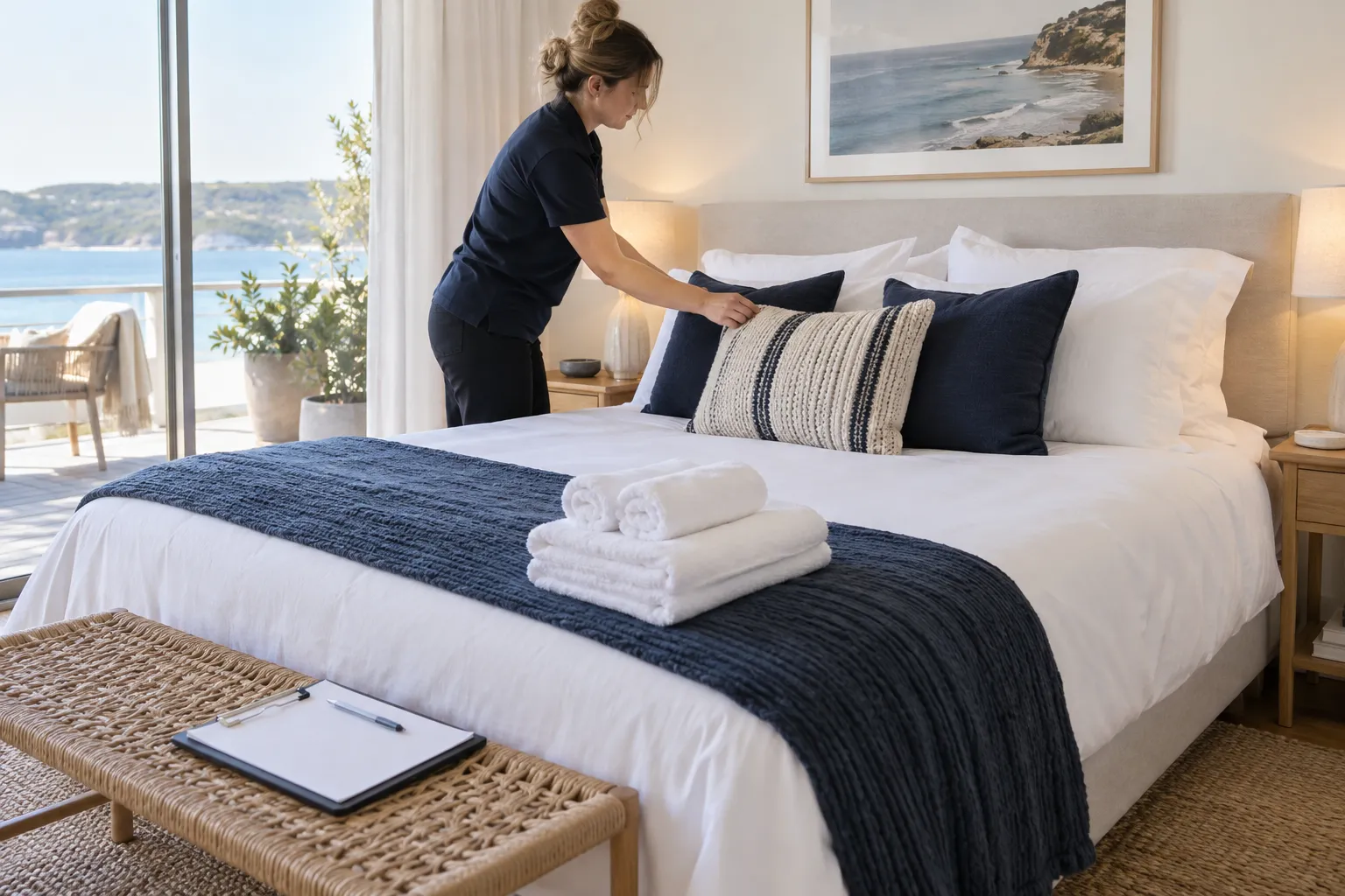 Cleaner adjusting pillows on a freshly made holiday-rental bed with clean guest towels