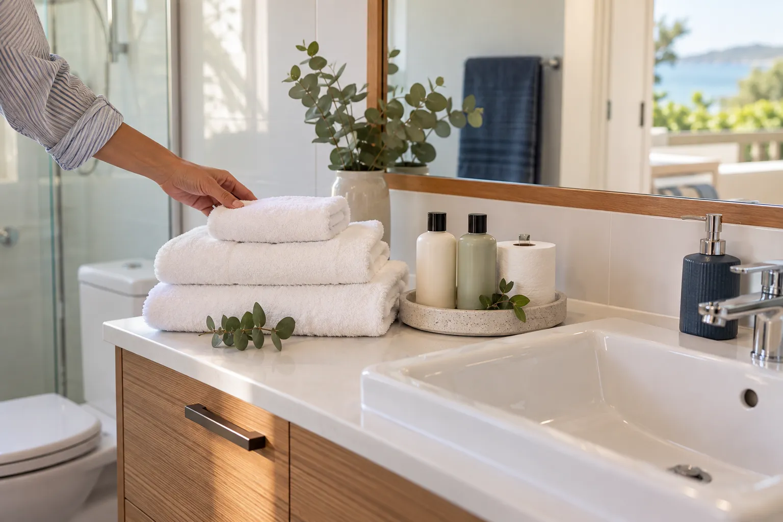 Fresh towels and toiletries being arranged on a holiday-rental bathroom vanity